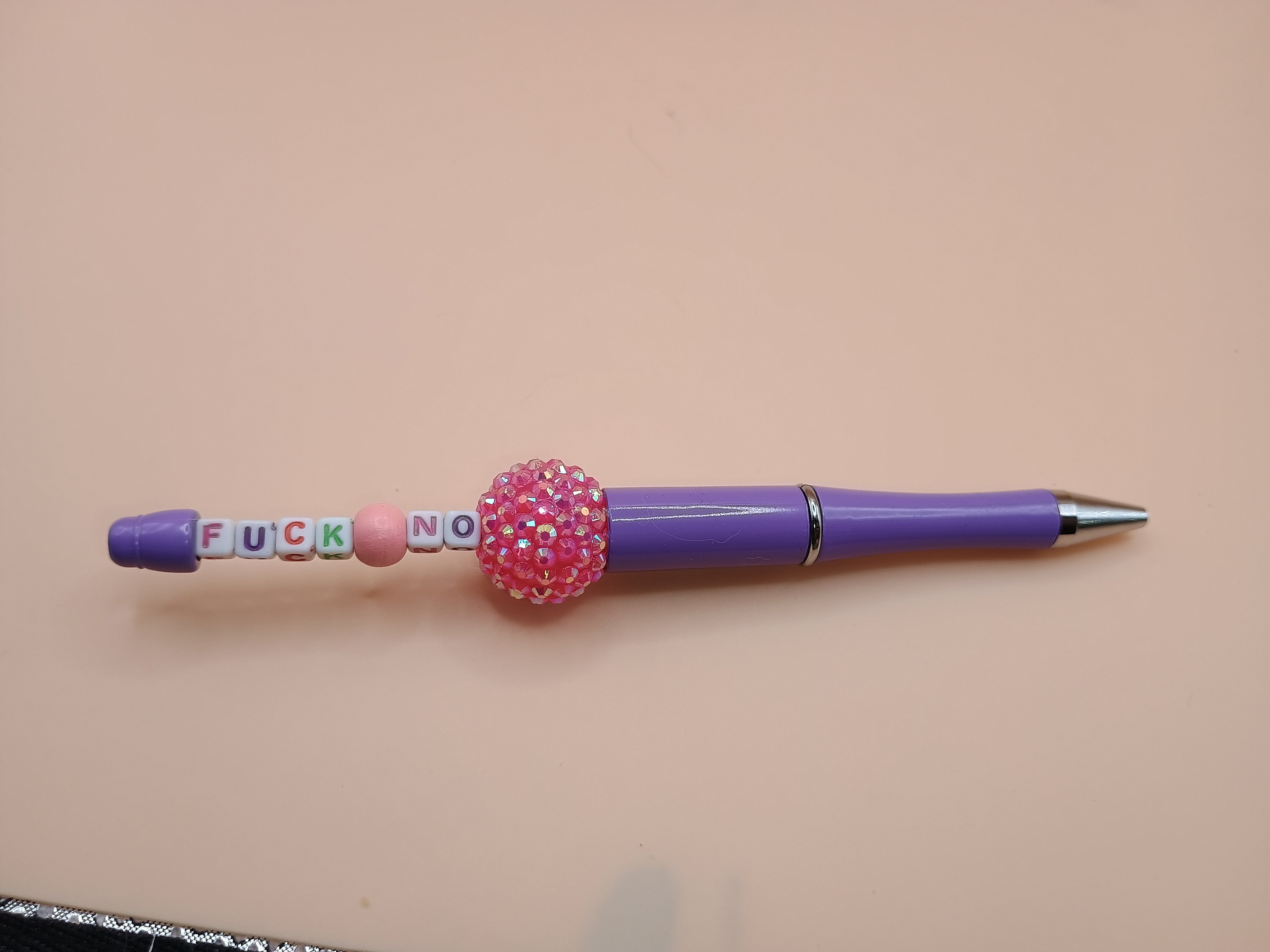 “F*ck No” Purple Beaded Pen – Handmade 1.0 Ink Pen with Multi-Color Letter Beads