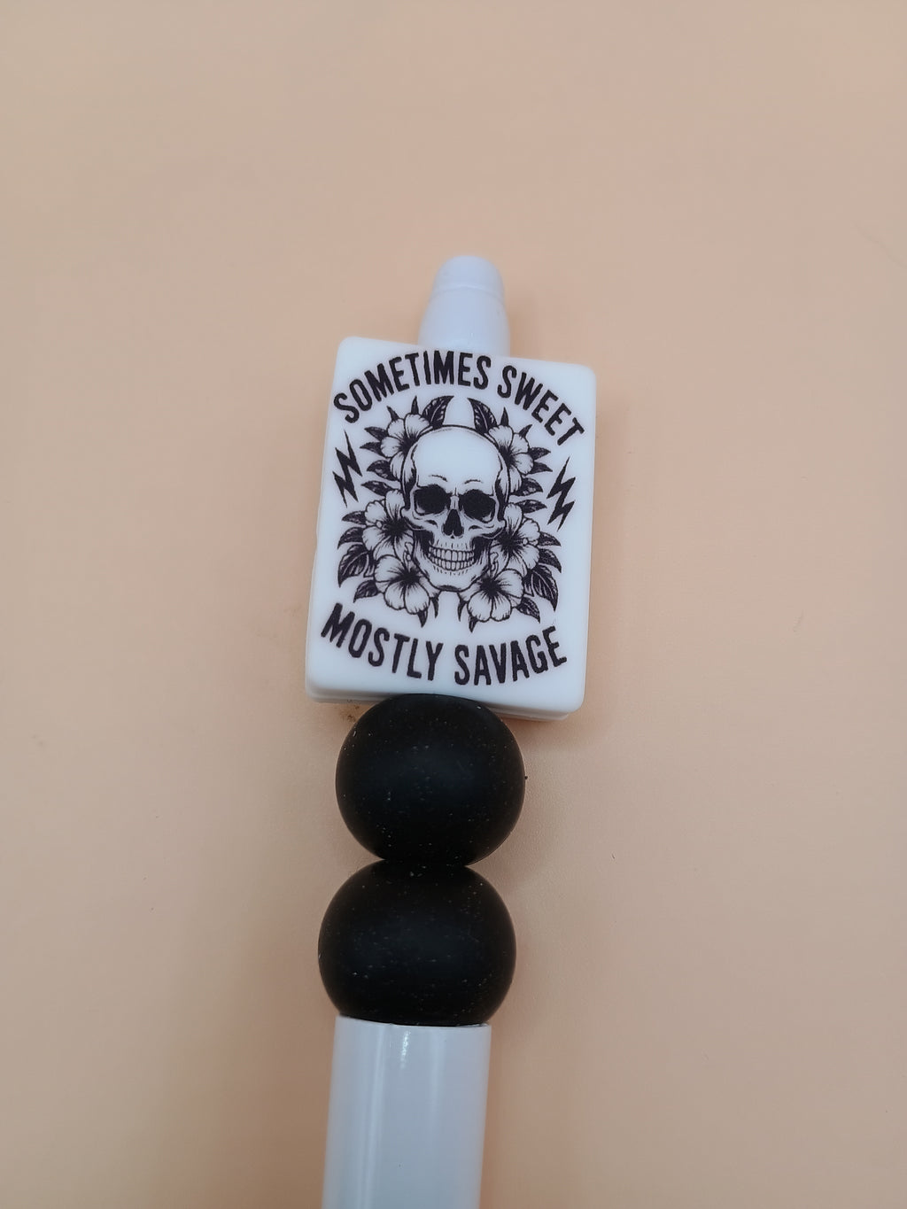 “Sometimes Sweet Mostly Savage” Skull Beaded Pen – White & Black Handmade 1.0 Ink Pen
