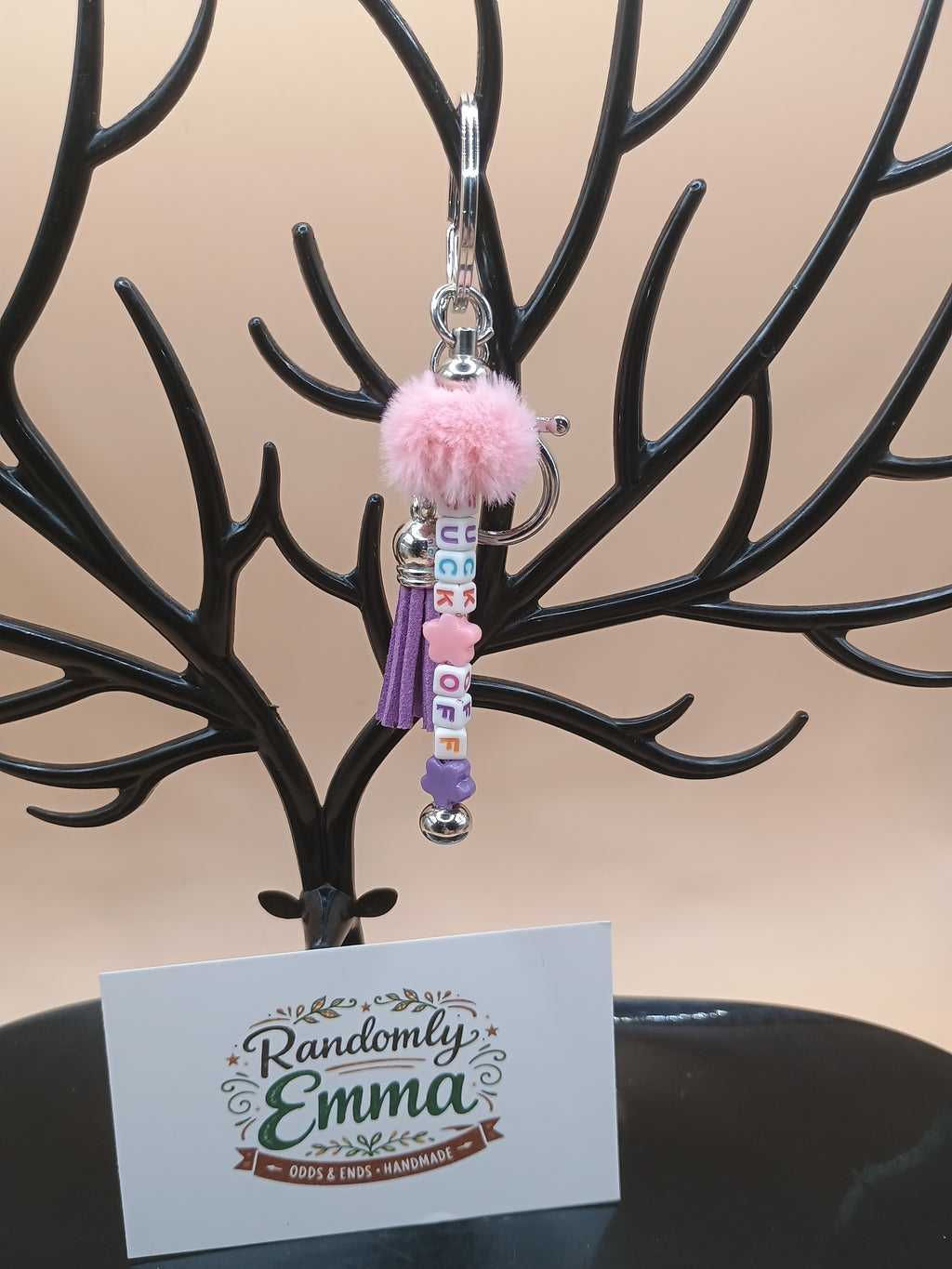 “F*ck Off” Pink Fluffy Beaded Keychain – Silver Metal Bag Charm