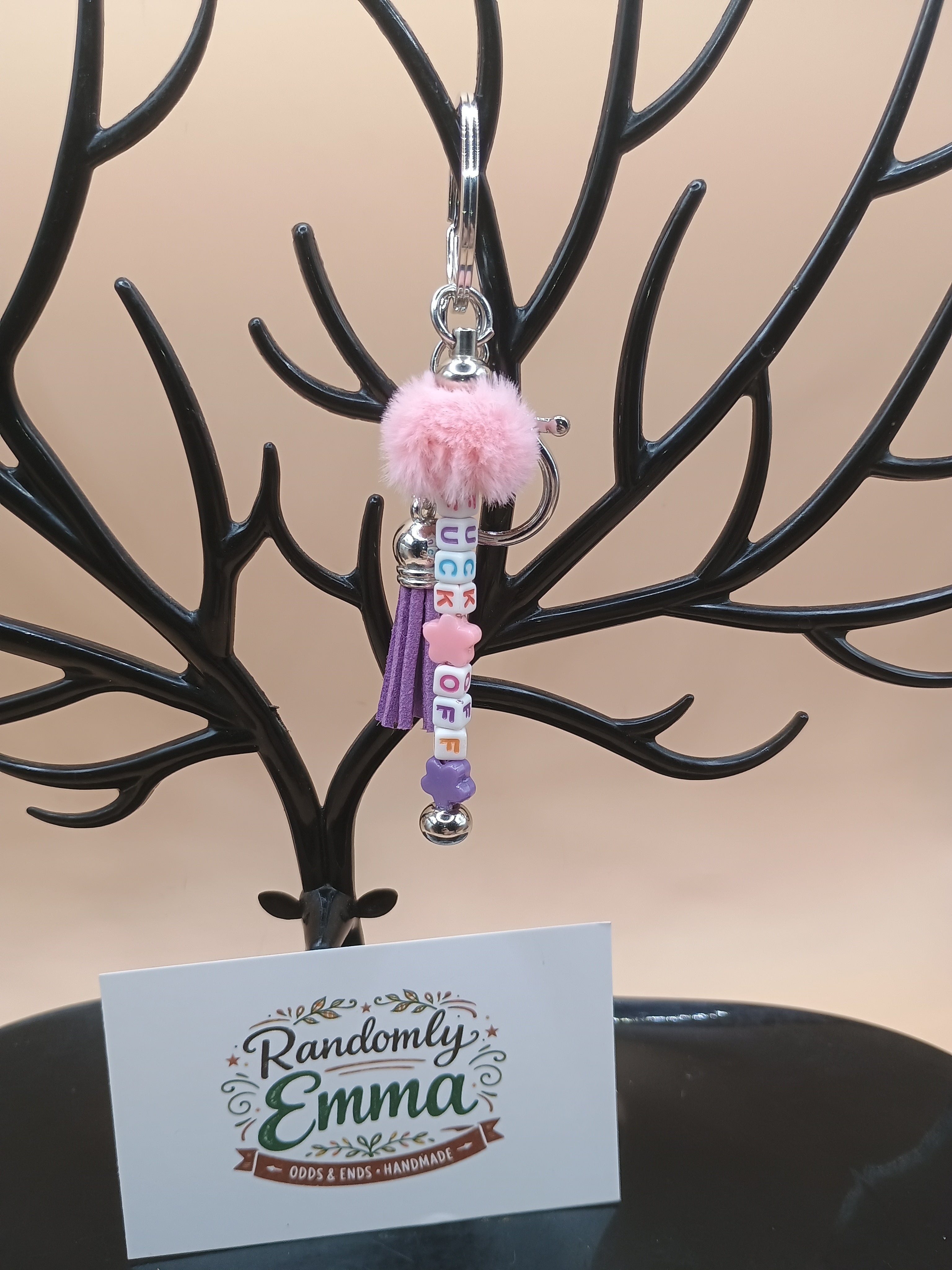 “F*ck Off” Pink Fluffy Beaded Keychain – Silver Metal Bag Charm