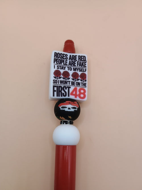 First 48 Skull Beaded Pen – Red Handmade 1.0 Ink Pen with Dark Humor Quote