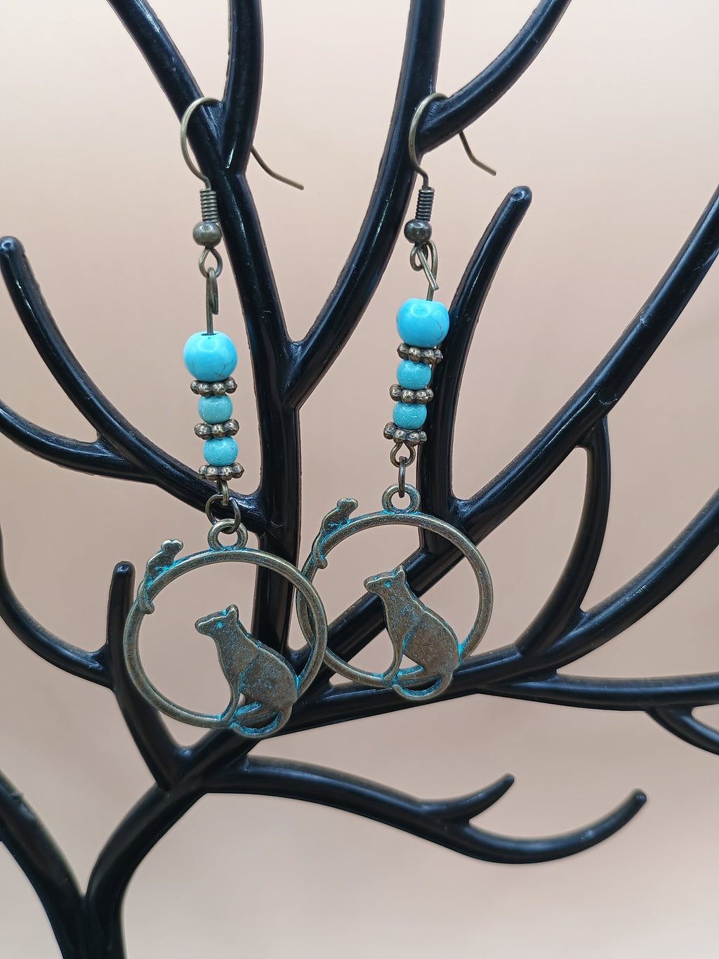 Cat & Mouse Circle Drop Earrings – Antique Bronze Faux Turquoise Animal Jewelry