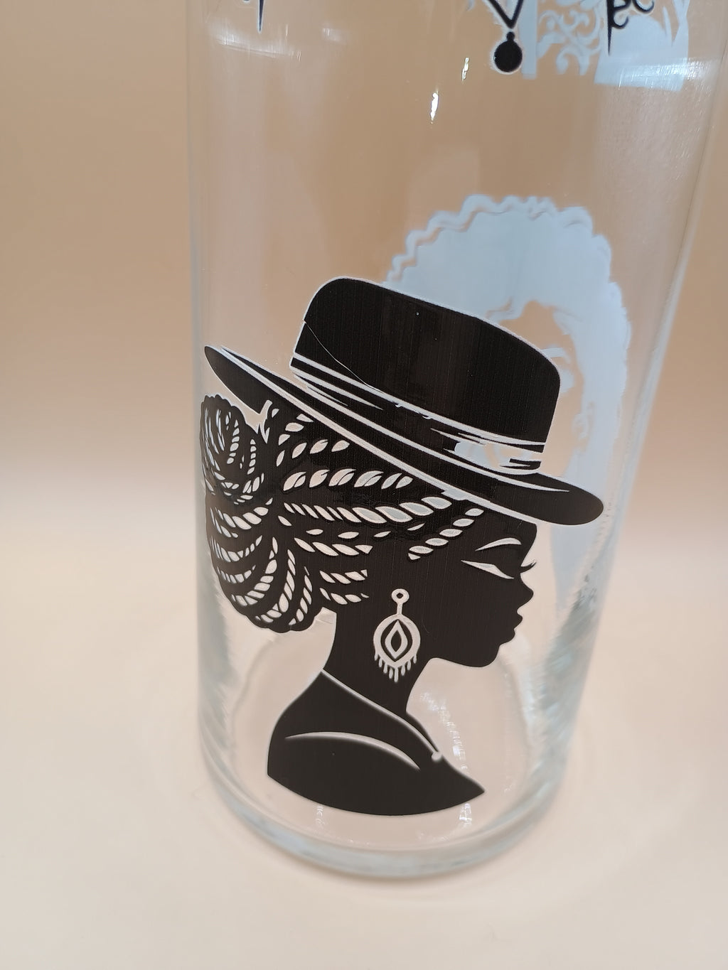 IMPERFECT Clear Round Glass Vase – UV DTF Black Women Portrait Art (Transfer Flaw Discount)
