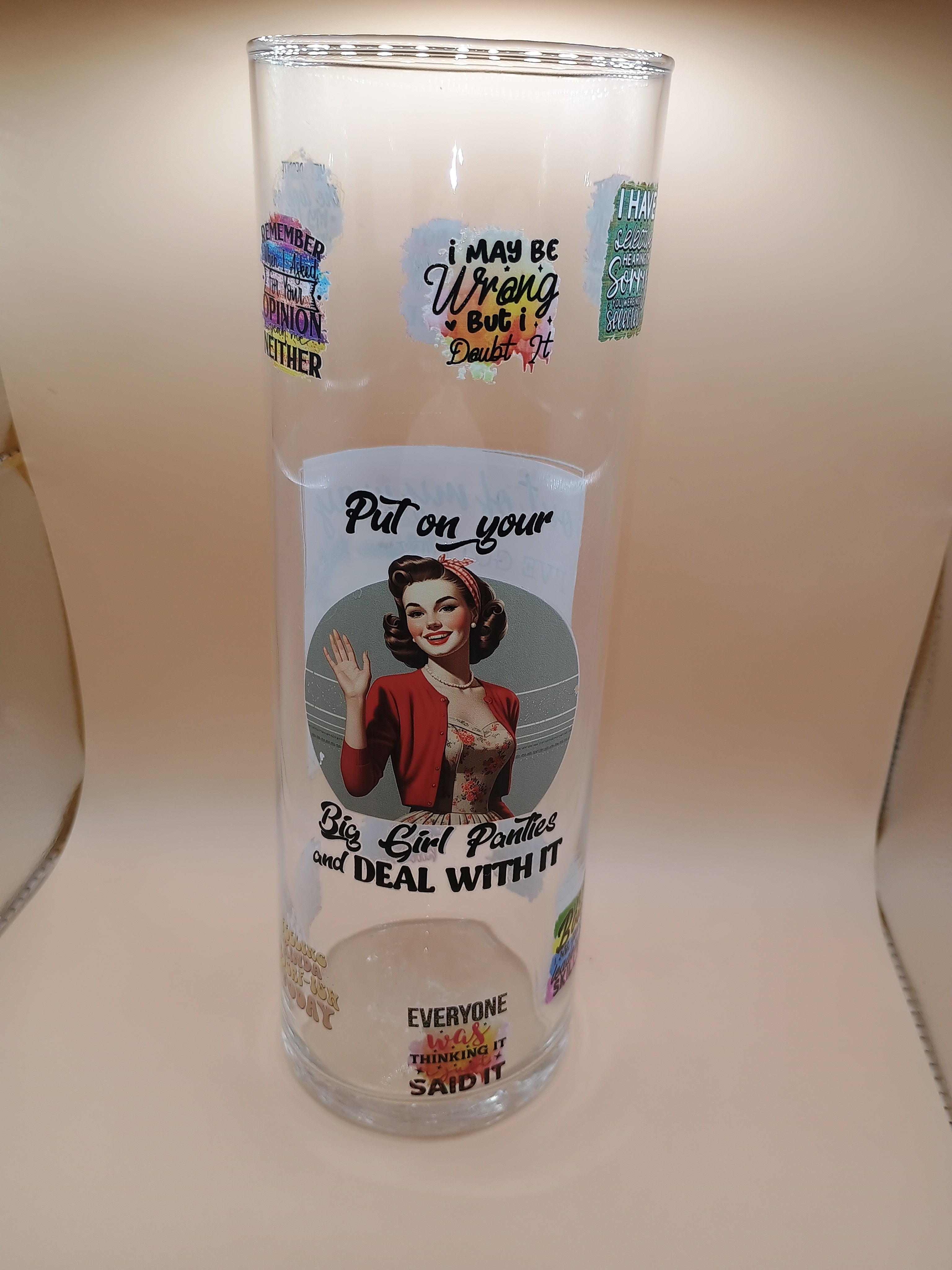 IMPERFECT Circular Glass Vase – UV DTF Vintage Women & Sarcastic Quote Decor (Discounted)