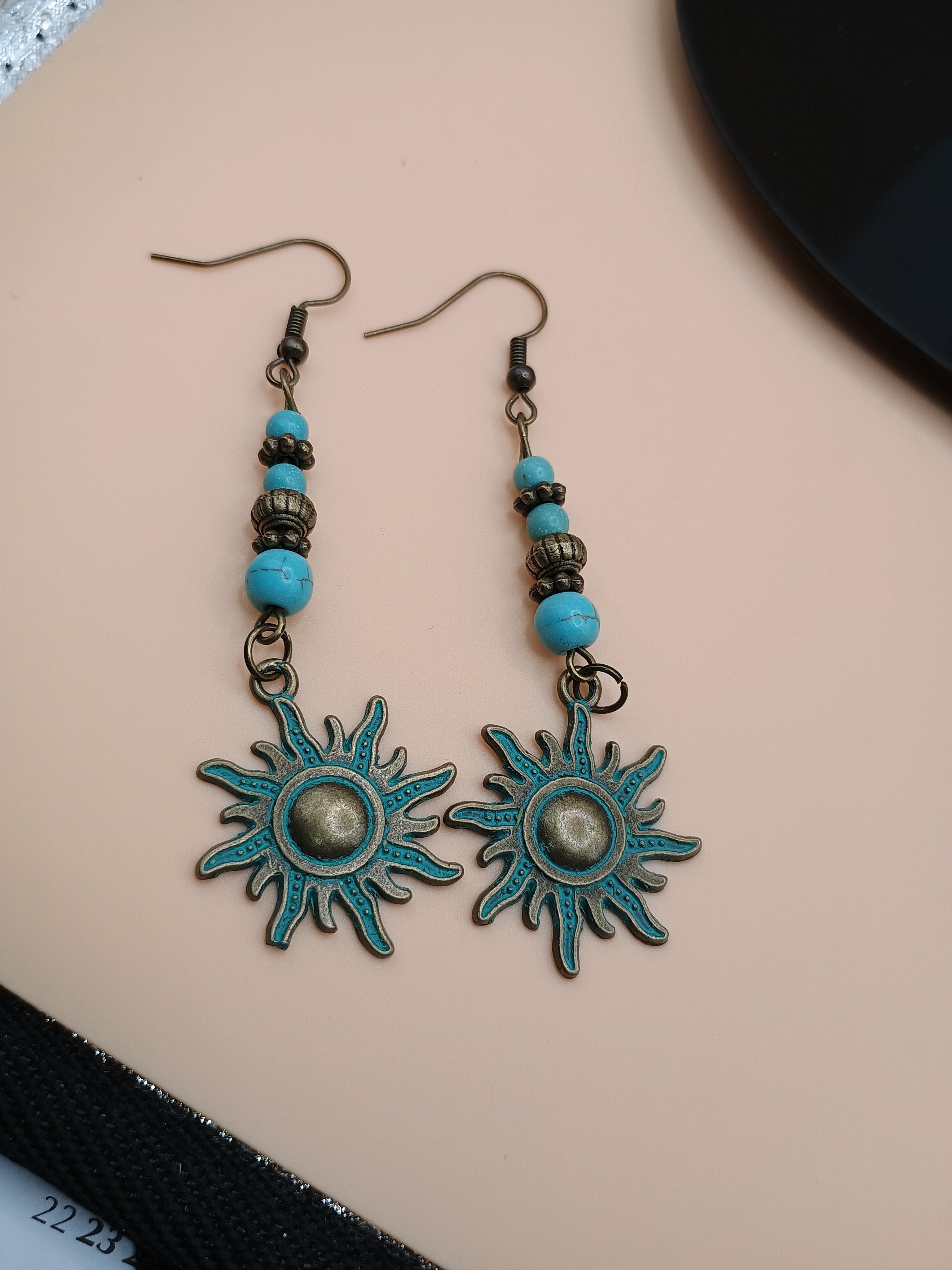 Faux Turquoise Sunburst Drop Earrings – Antique Bronze Celestial Boho Statement Earrings