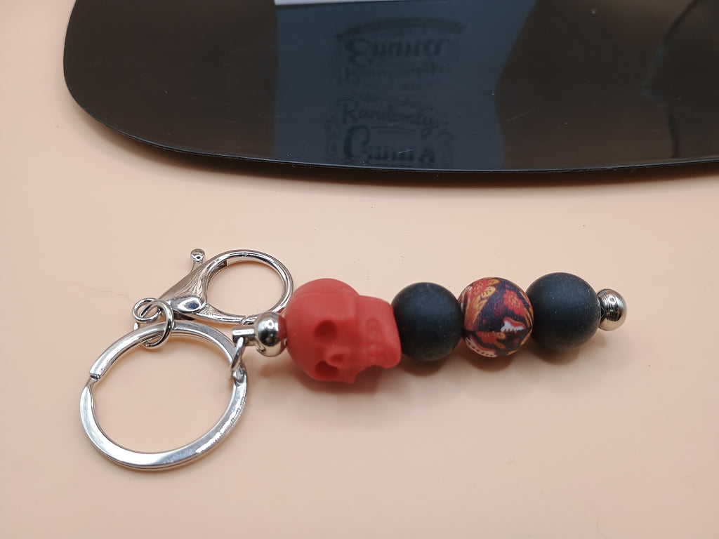 Skeleton Skull Beaded Keychain – Silver Metal Keychain (2 Floral Design Options)