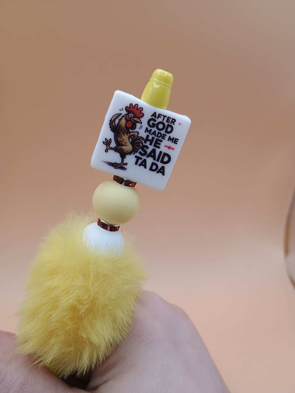 “After God Made Me He Said Ta Da” Rooster Fluffy Beaded Pen – Yellow Handmade 1.0 Ink Pen
