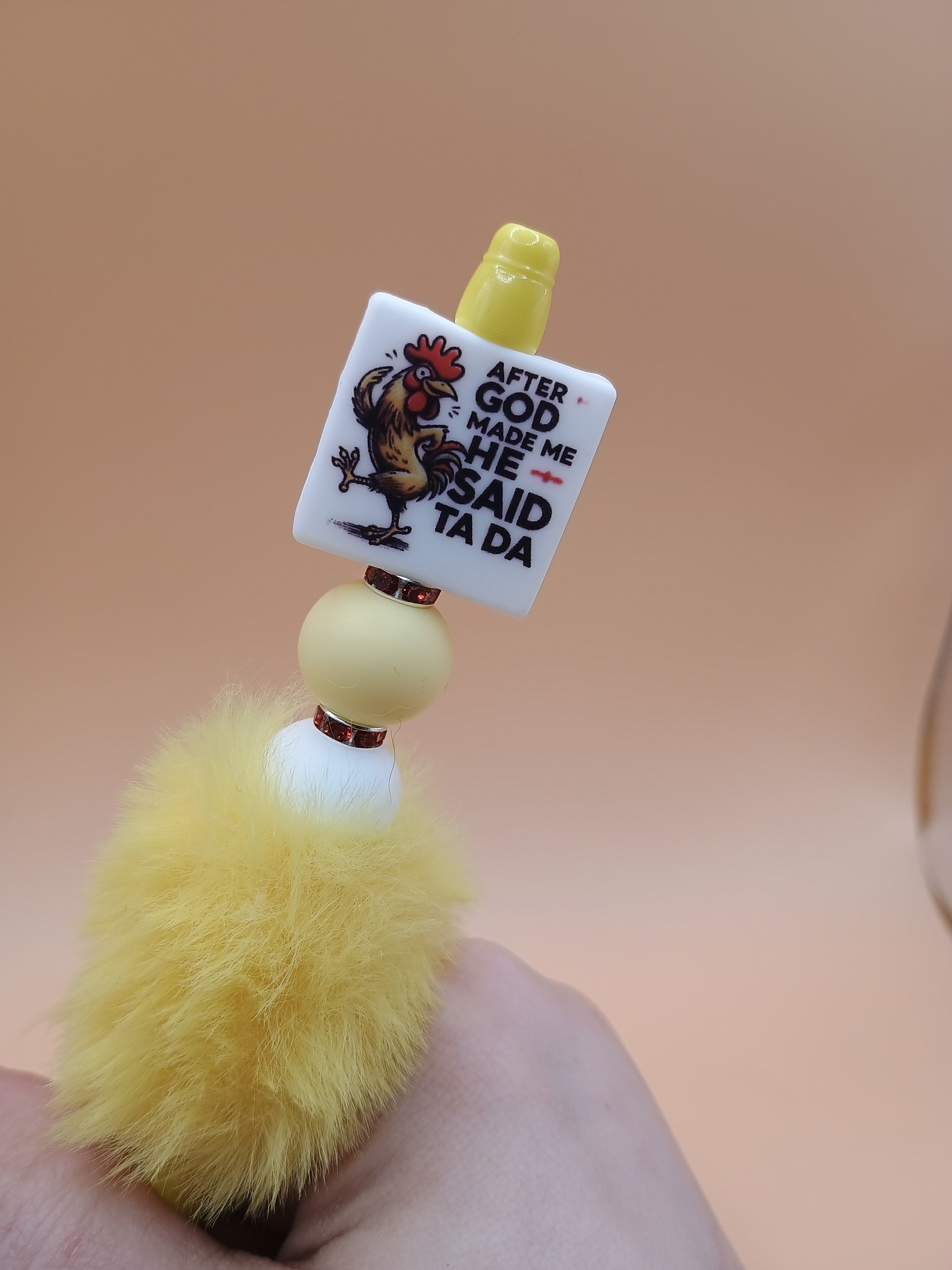 “After God Made Me He Said Ta Da” Rooster Fluffy Beaded Pen – Yellow Handmade 1.0 Ink Pen