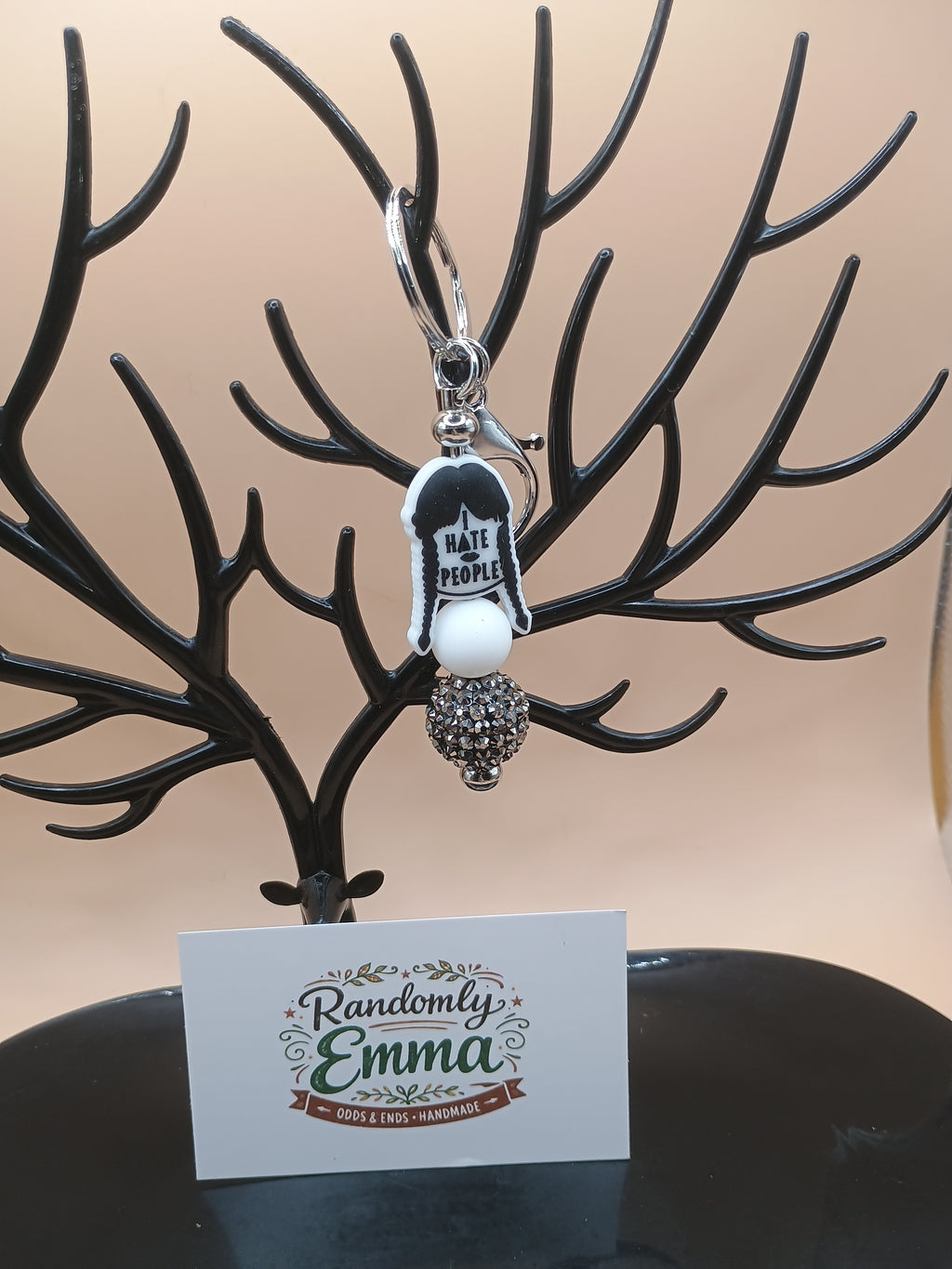 “I Hate People” Gothic Beaded Keychain – Wednesday-Inspired Silver Bag Charm