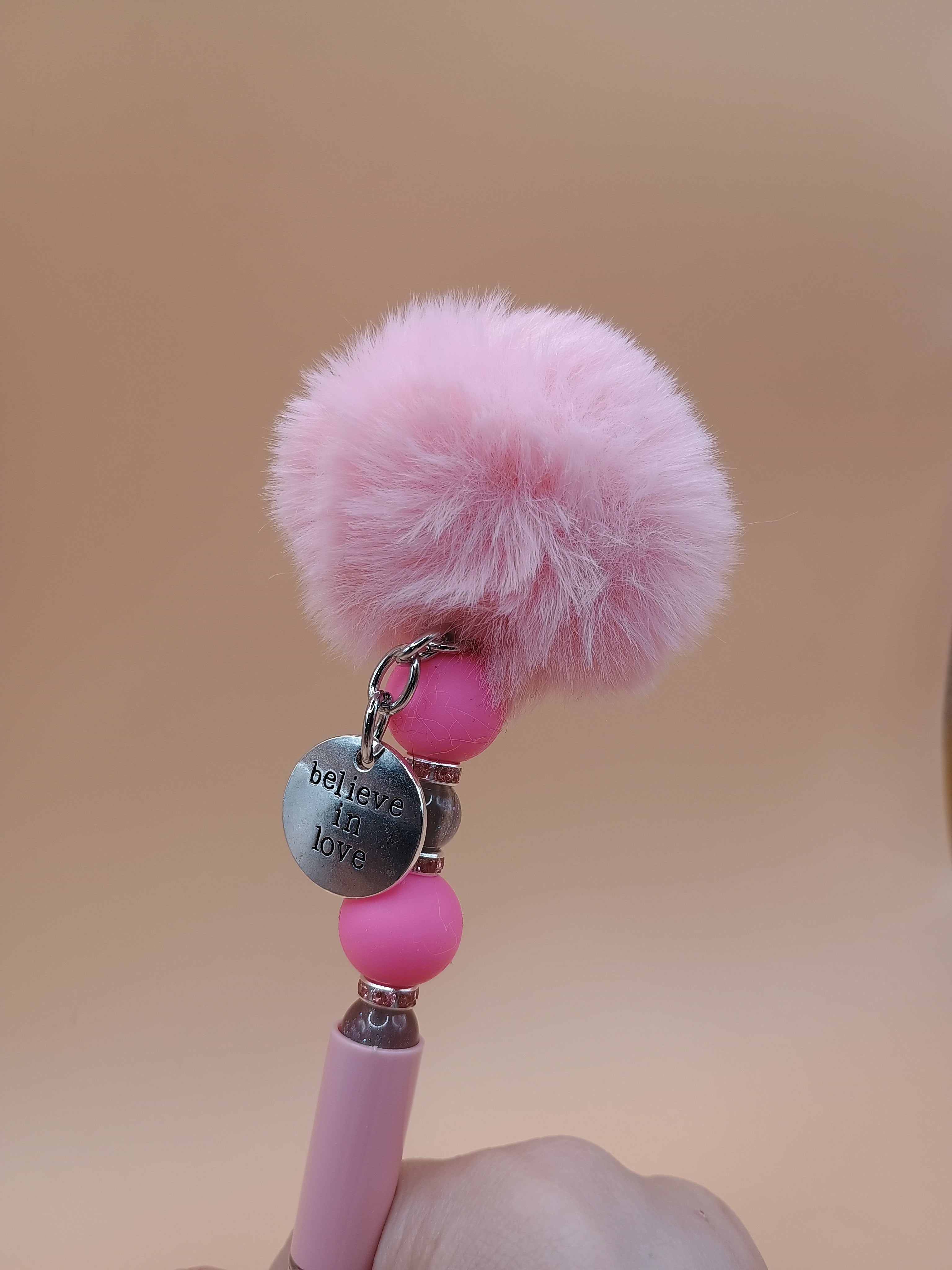 “Believe in Love” Pink Fluffy Beaded Pen – Handmade 1.0 Ink Pen