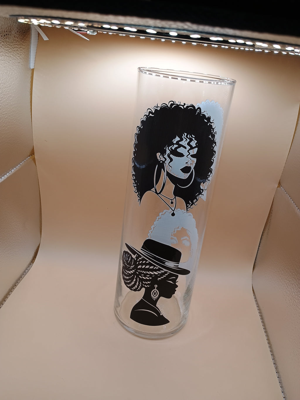 IMPERFECT Clear Round Glass Vase – UV DTF Black Women Portrait Art (Transfer Flaw Discount)
