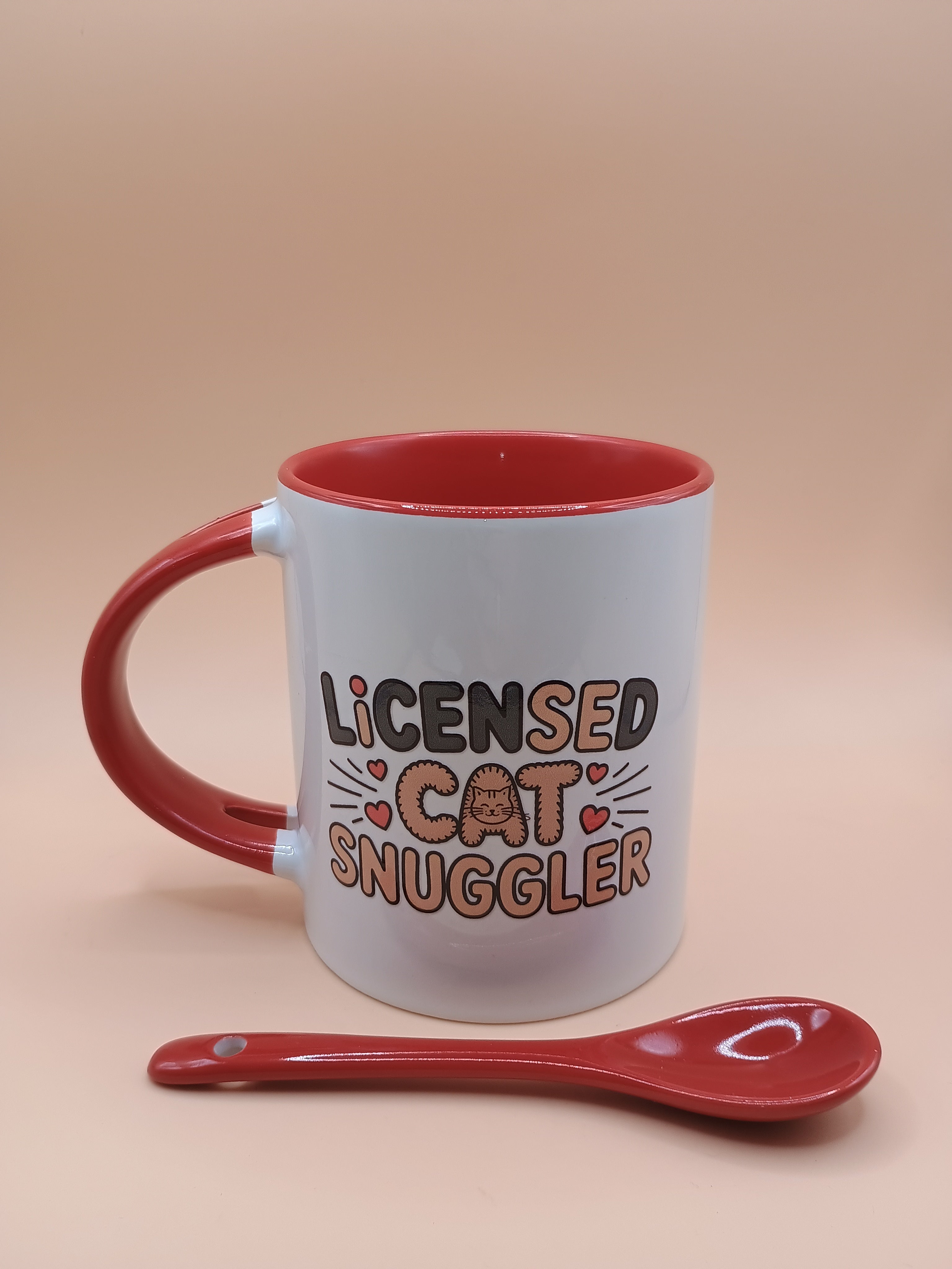 Licensed Cat Snuggler Ceramic Mug – White & Red Cat Lover Coffee Mug with Spoon