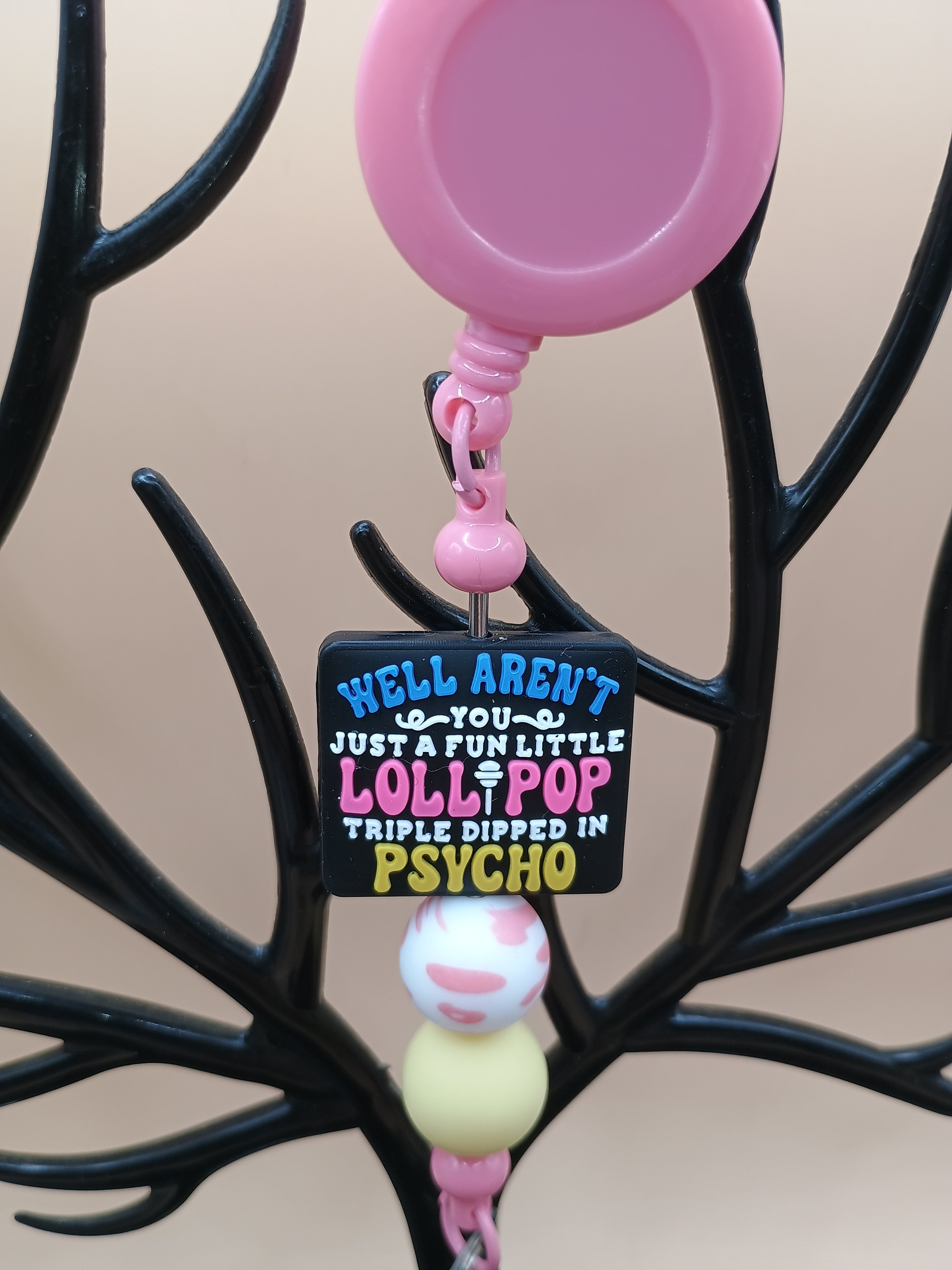 “Fun Little Lollipop Triple Dipped in Psycho” Beaded Badge Reel – Pink Retractable ID Holder