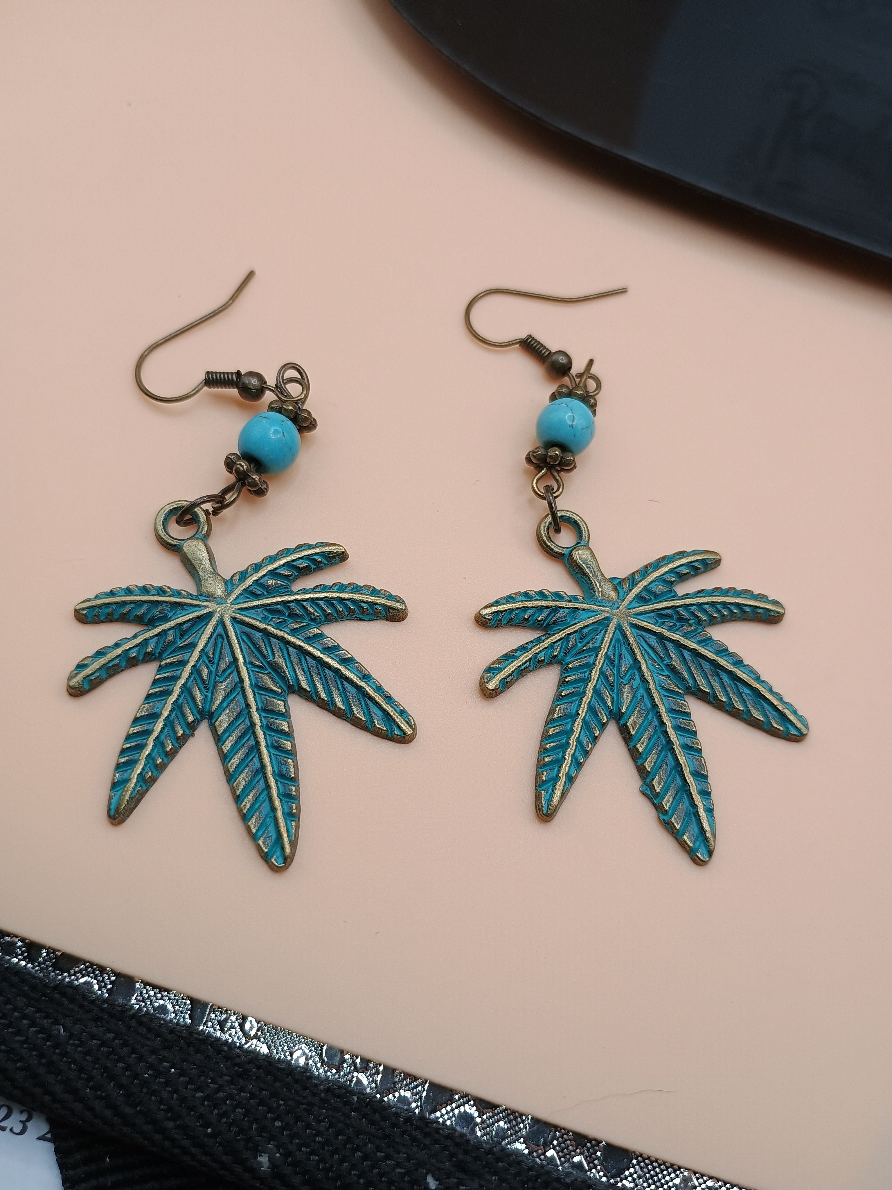 Faux Turquoise 420 Leaf Drop Earrings – Antique Bronze Botanical Statement Earrings