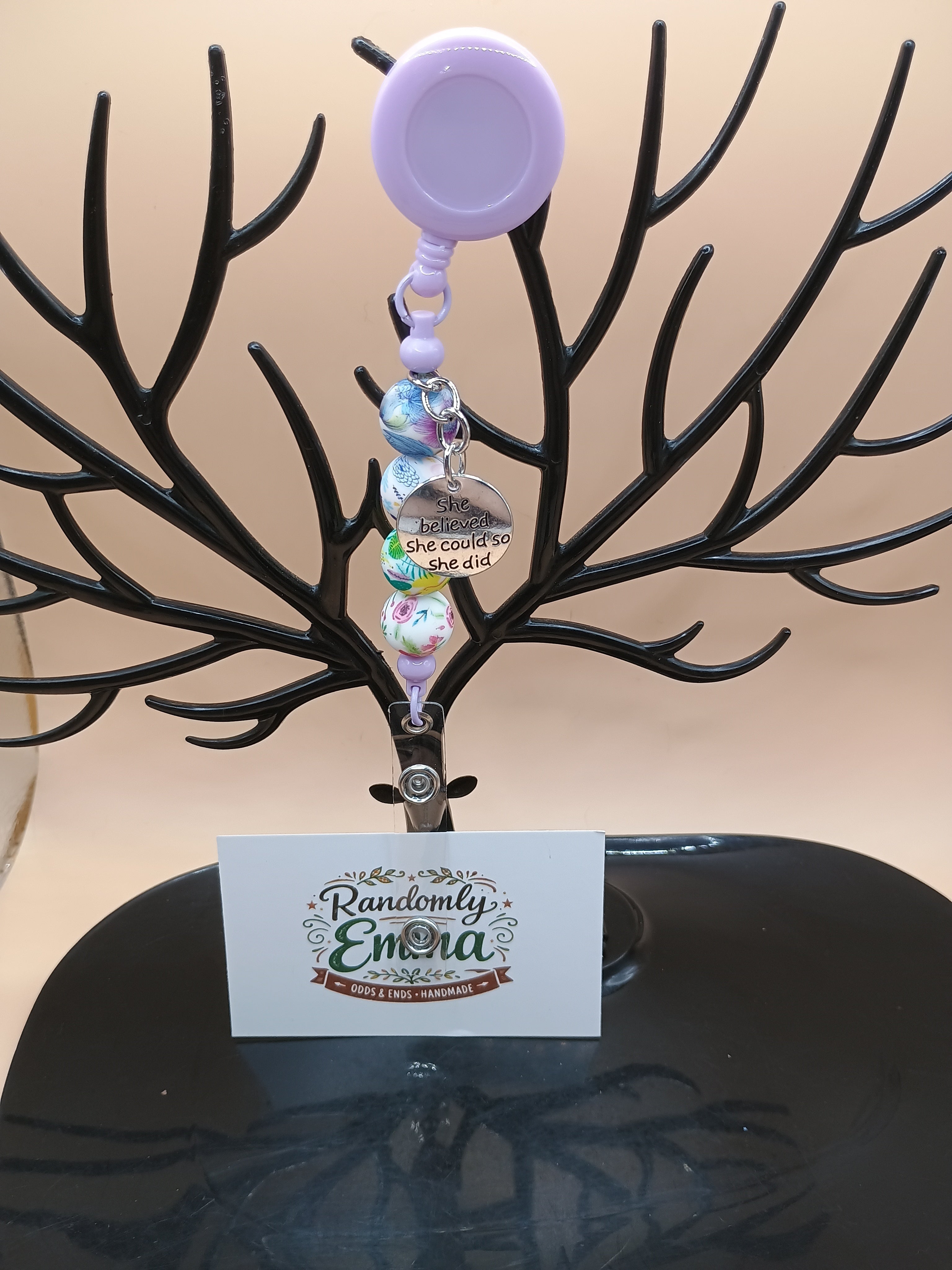 “She Believed She Could So She Did” Beaded Badge Reel – Purple Retractable ID Holder