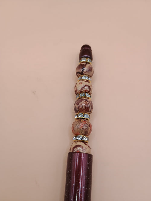 Deep Burgundy Beaded Pen – Handmade 1.0 Ink Pen with Wooden & Gemstone Beads
