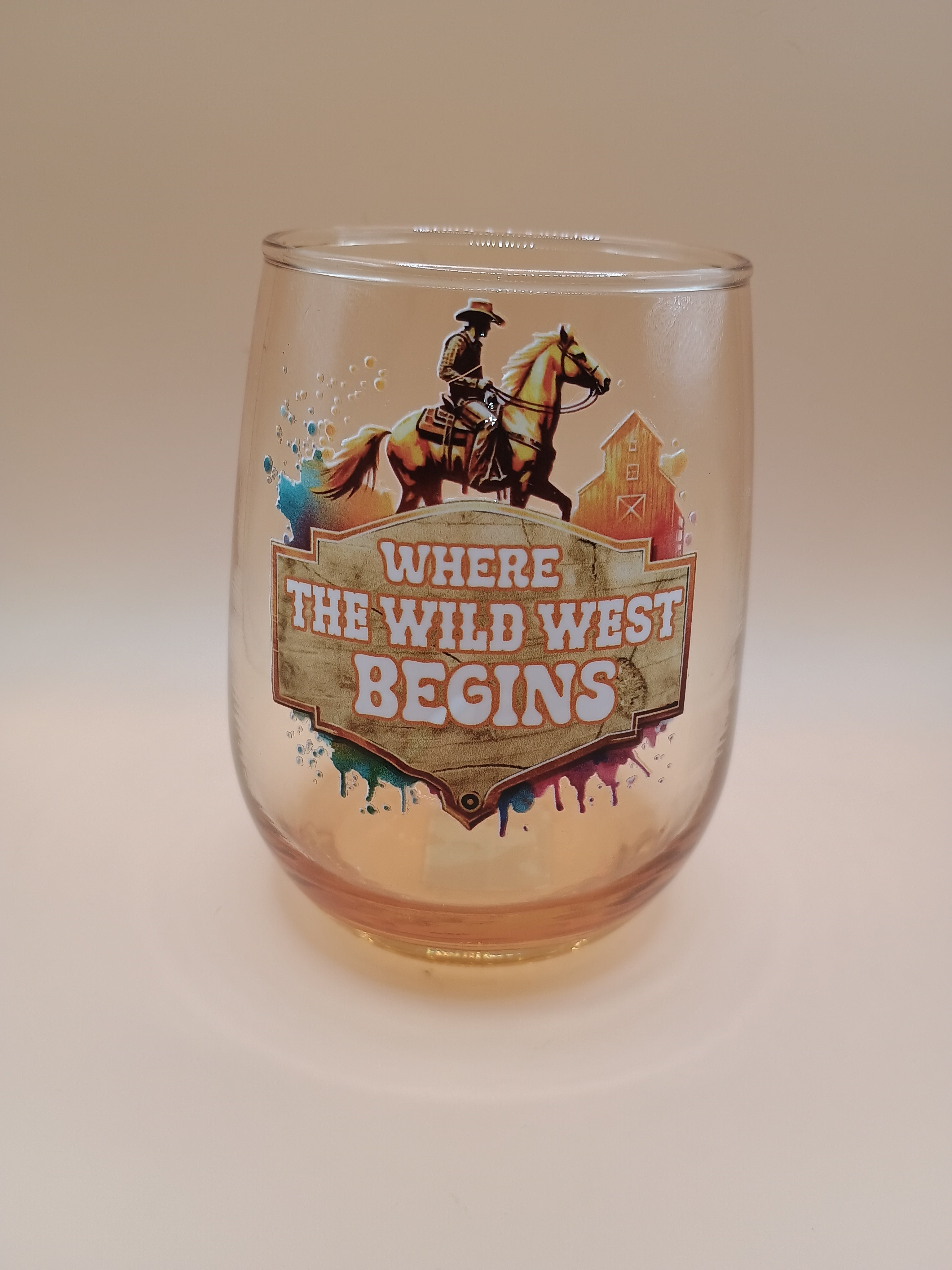 IMPERFECT “Where the Wild West Begins” Orange Tinted Stemless Wine Glass (Discounted)
