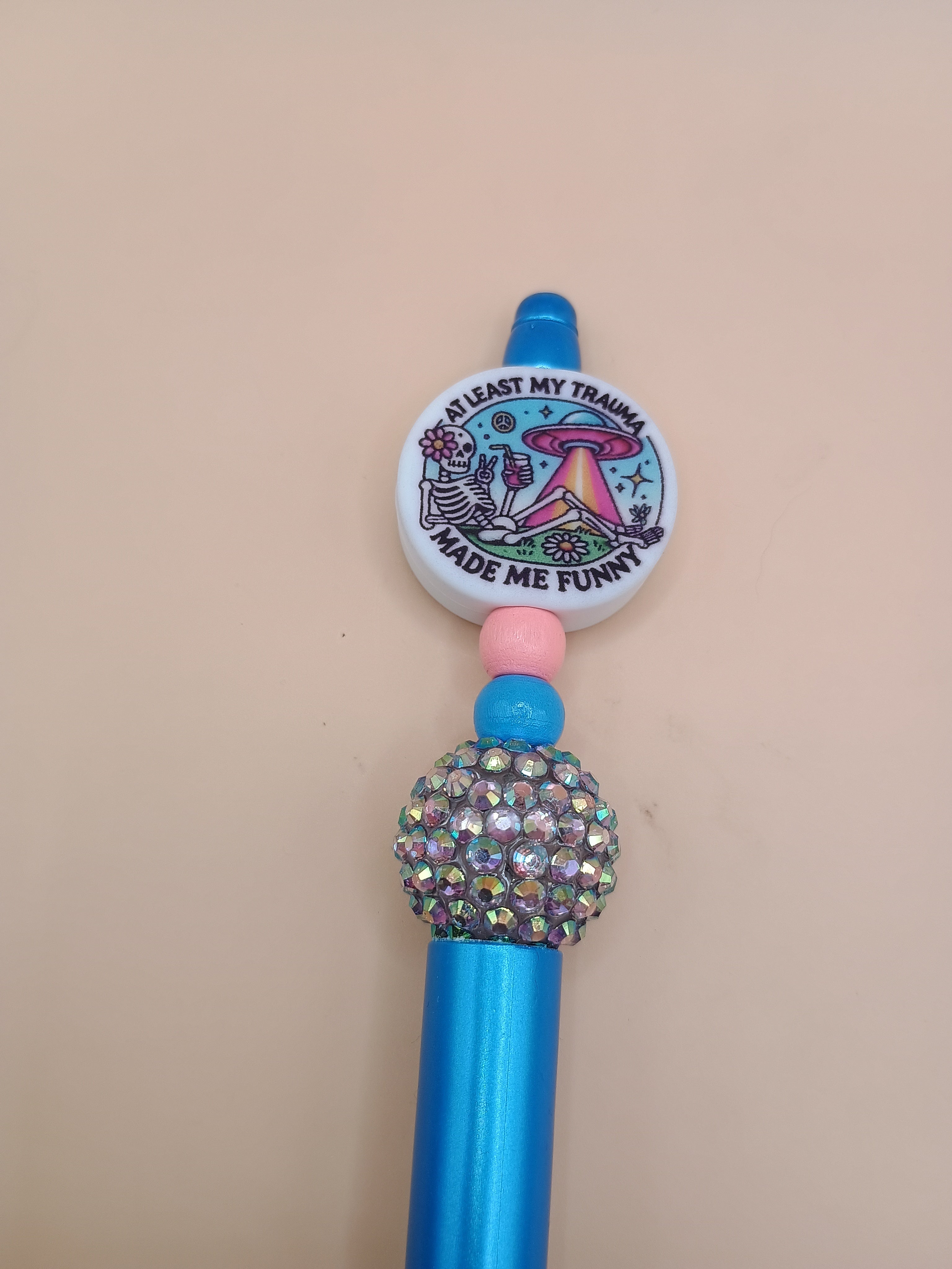 Trauma Made Me Funny Skeleton Space Beaded Pen – Blue Handmade 1.0 Ink Pen