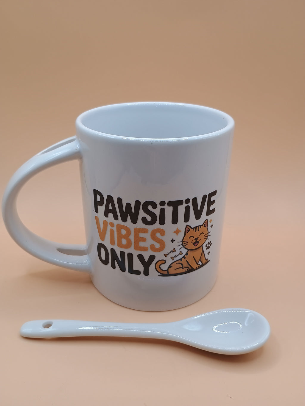 “Pawsitive Vibes Only” Cat Mug – All White Ceramic Coffee Cup with Spoon