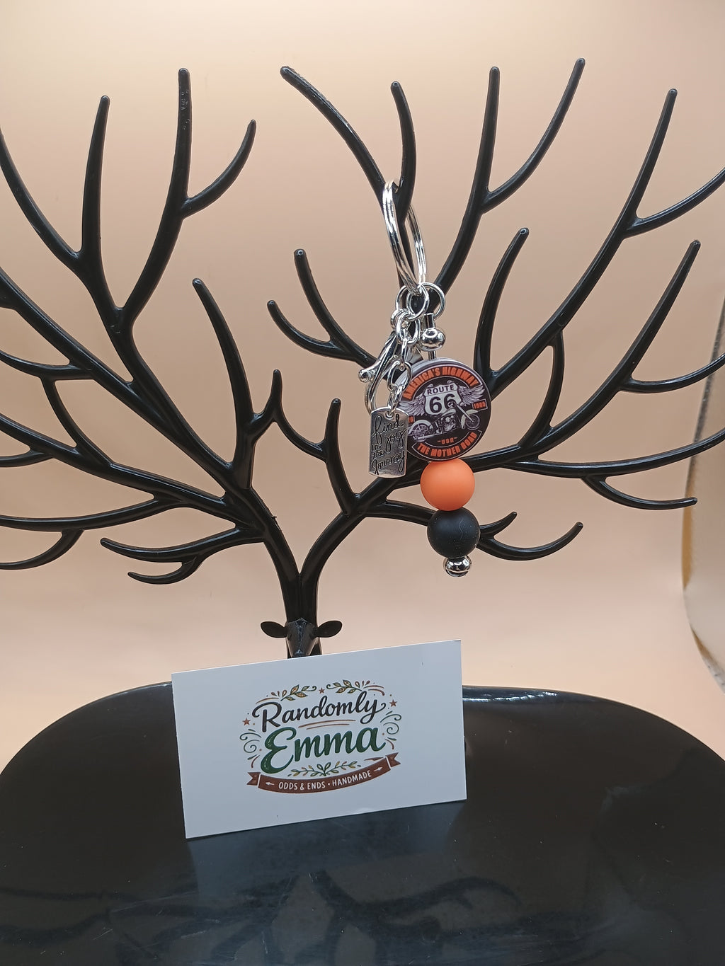 Route 66 Motorcycle Beaded Keychain – “America’s Highway” Silver Bag Charm