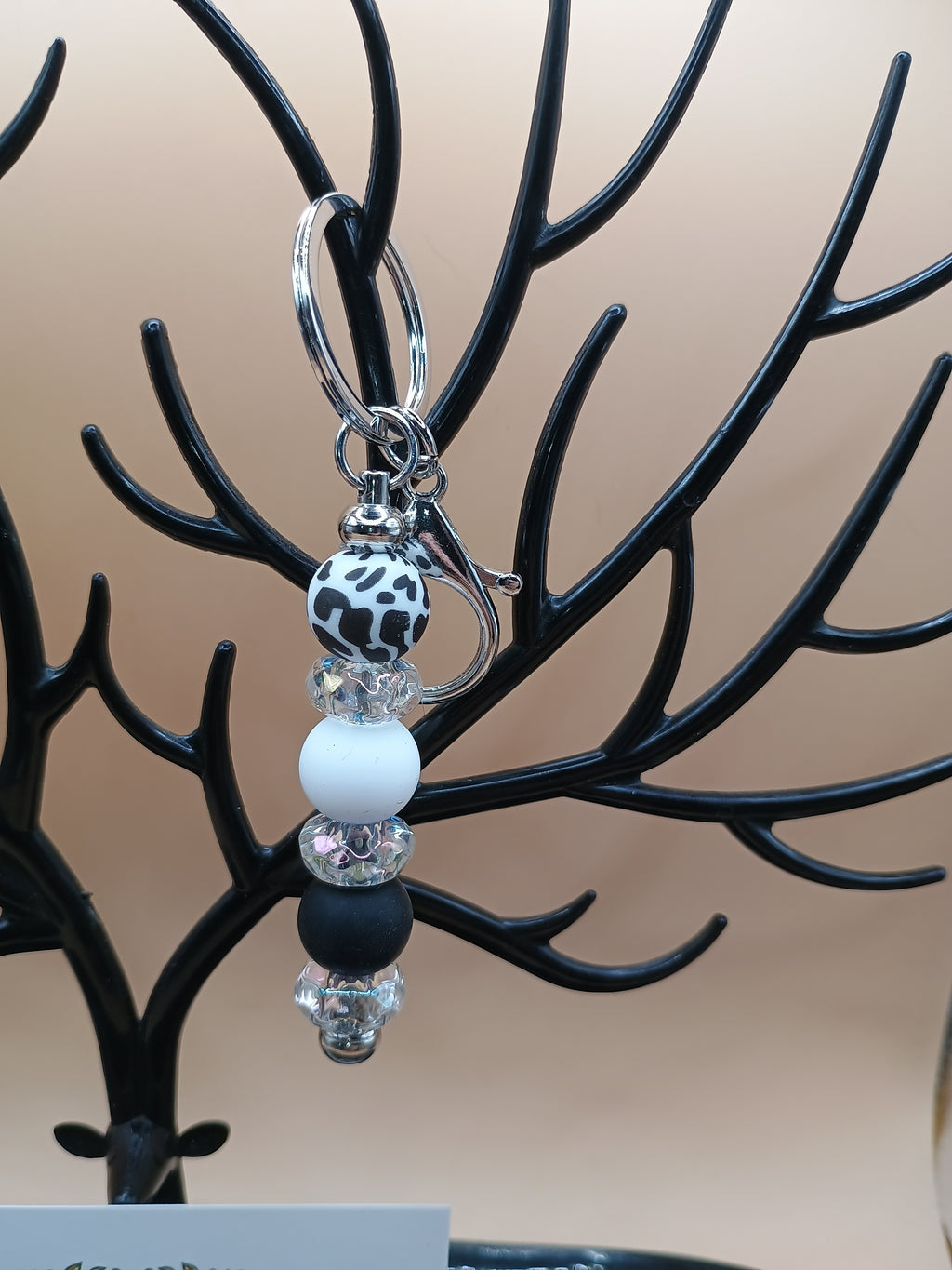 Black & White Beaded Keychain | Minimalist Monochrome Keyring with Lobster Clasp | Handmade Bag Charm