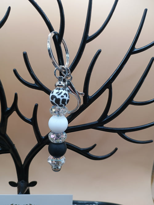 Black & White Beaded Keychain | Minimalist Monochrome Keyring with Lobster Clasp | Handmade Bag Charm