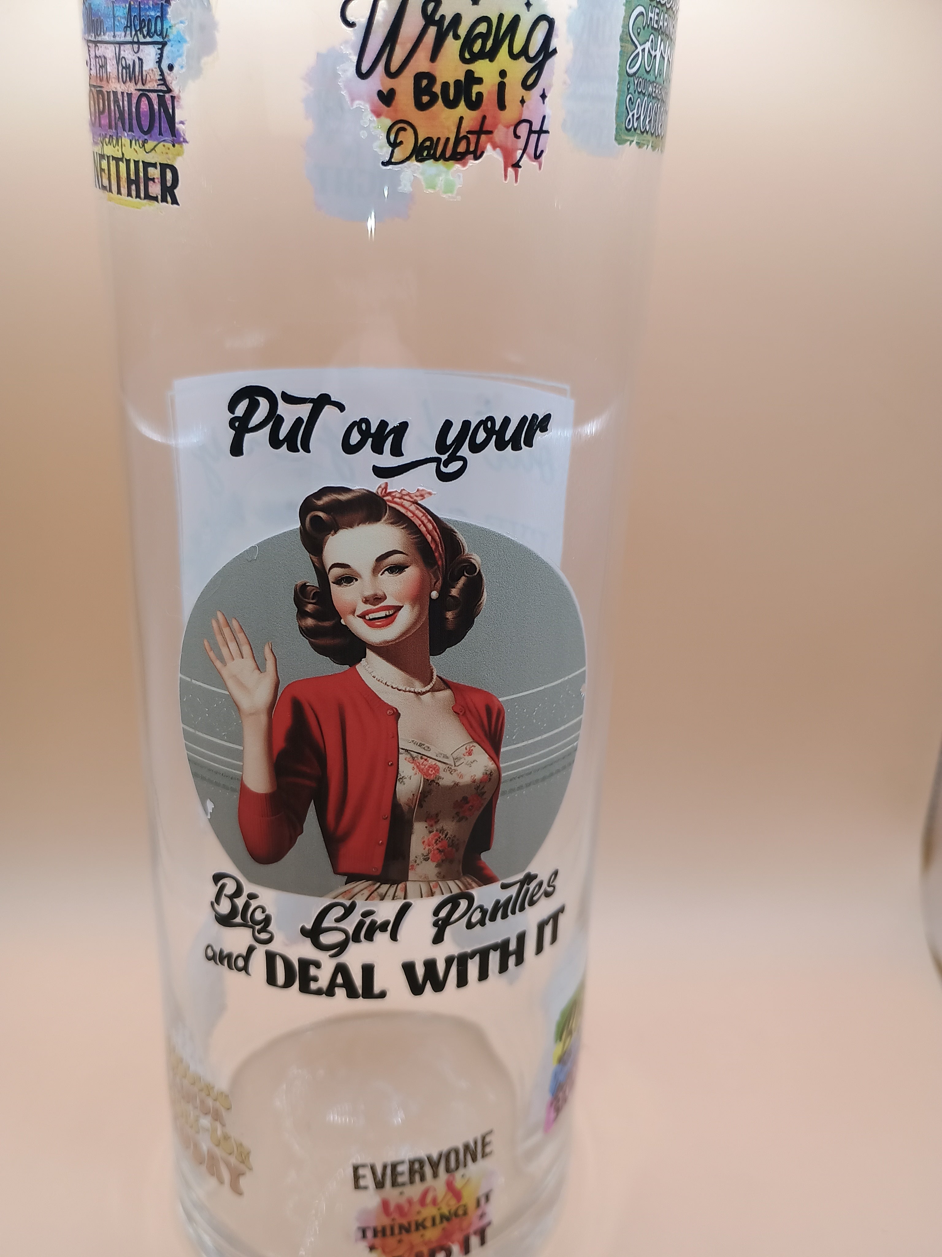IMPERFECT Circular Glass Vase – UV DTF Vintage Women & Sarcastic Quote Decor (Discounted)