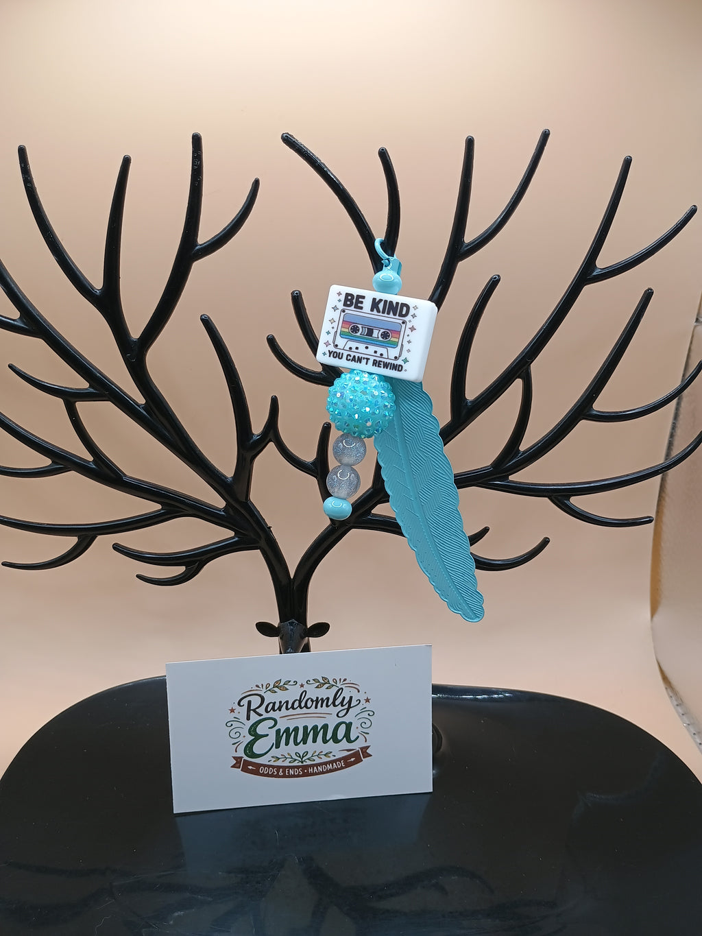 “Be Kind You Can’t Rewind” Feather Bookmark – Powder Blue Metal Beaded Bookmark