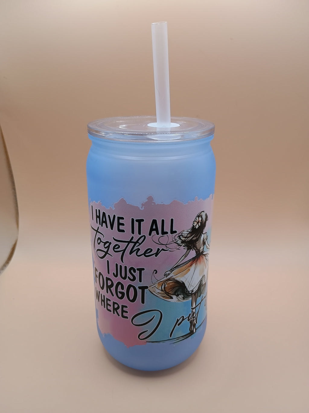 IMPERFECT ‘I Have It All Together’ Blue Plastic 16oz Tumbler – Watercolor Girl Quote Cup with Lid & Straw