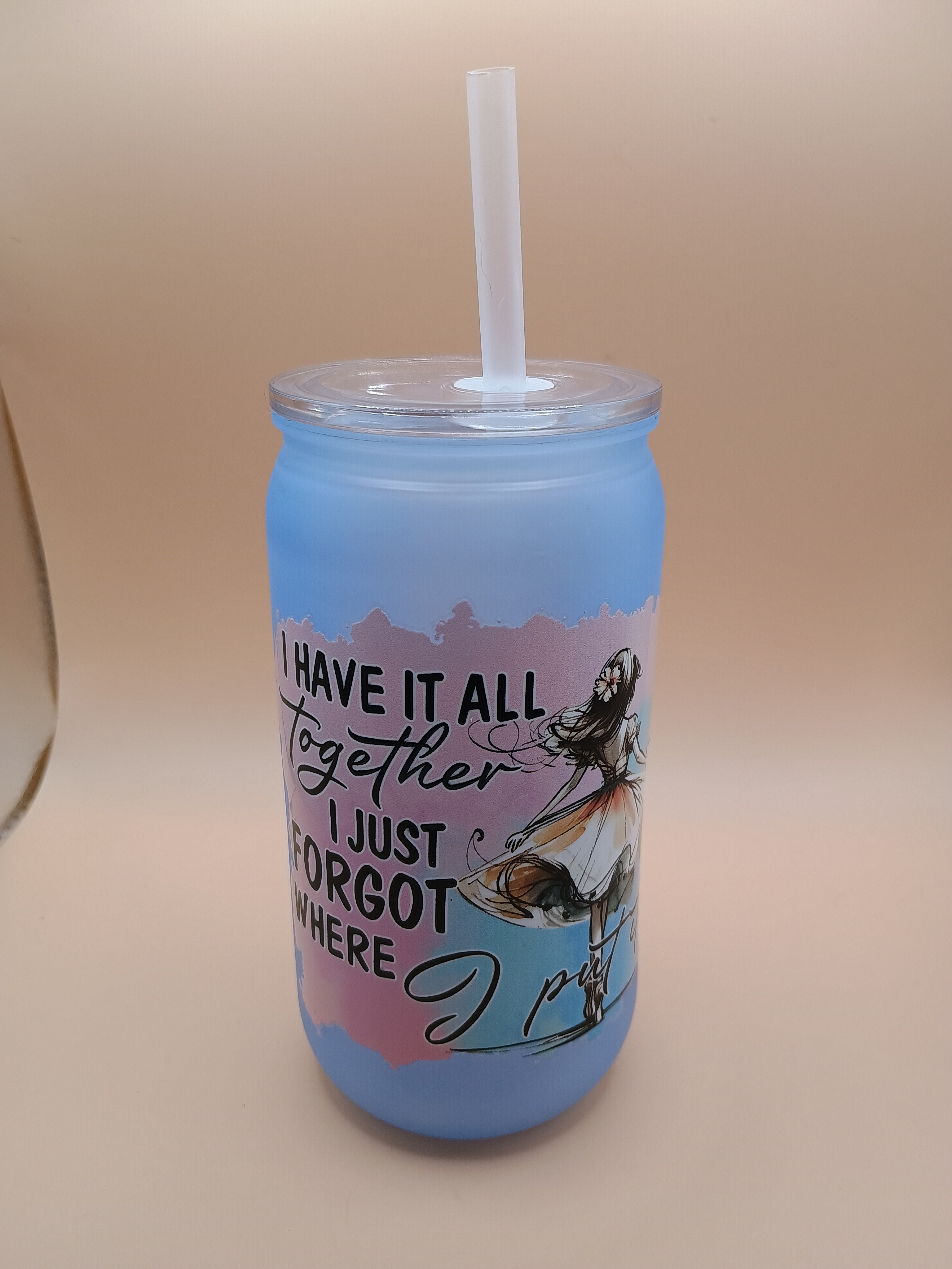 IMPERFECT ‘I Have It All Together’ Blue Plastic 16oz Tumbler – Watercolor Girl Quote Cup with Lid & Straw