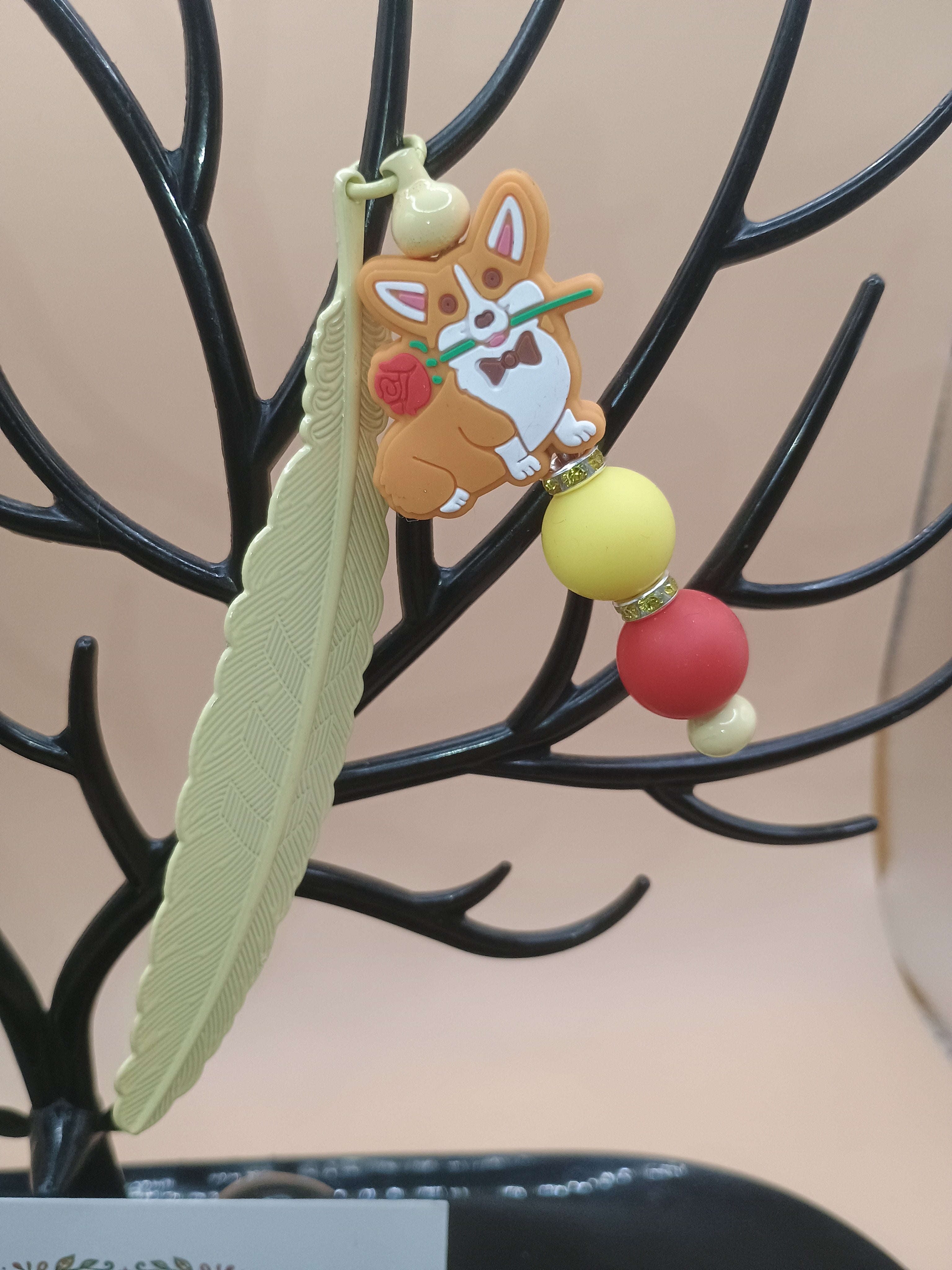 Corgi Bowtie Feather Bookmark – Yellow Metal Beaded Bookmark with Floral Dog Charm
