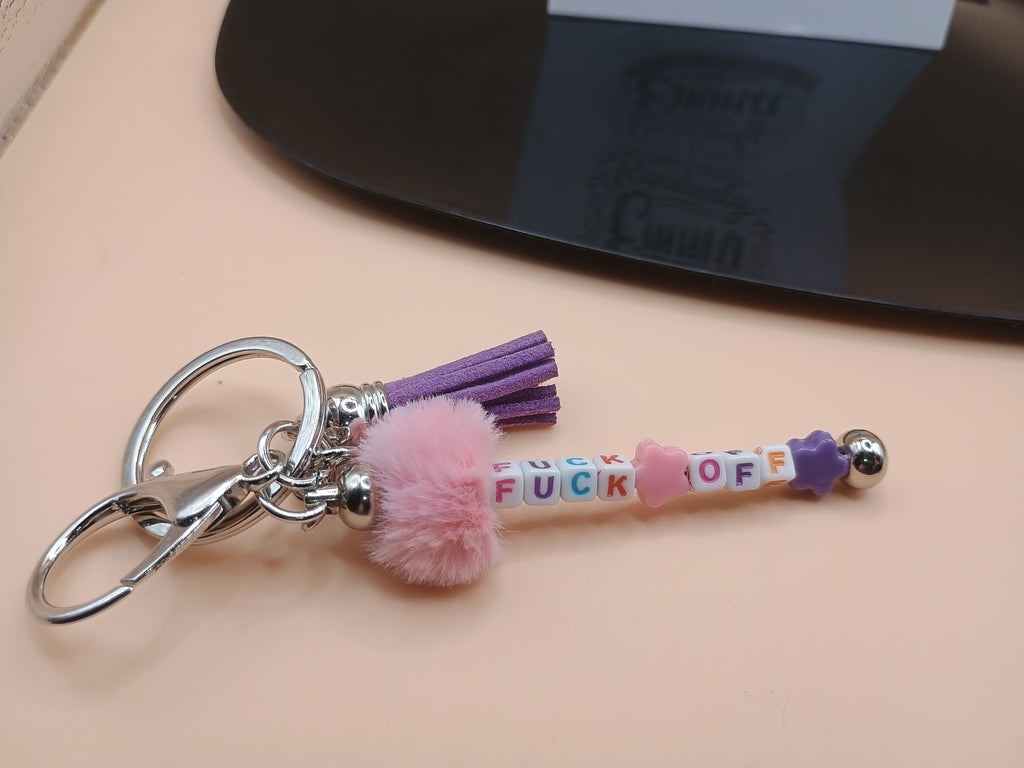 “F*ck Off” Pink Fluffy Beaded Keychain – Silver Metal Bag Charm
