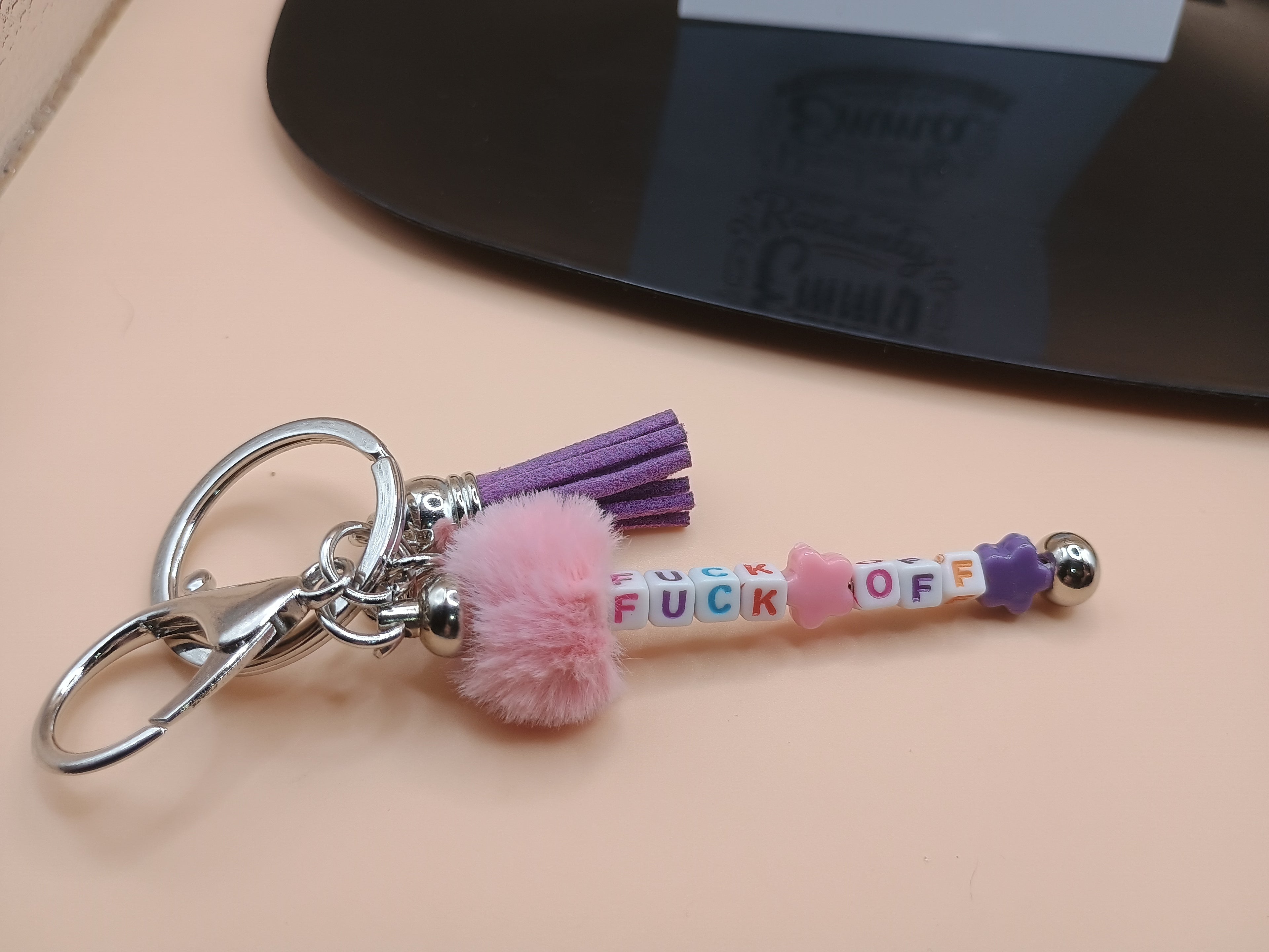 “F*ck Off” Pink Fluffy Beaded Keychain – Silver Metal Bag Charm