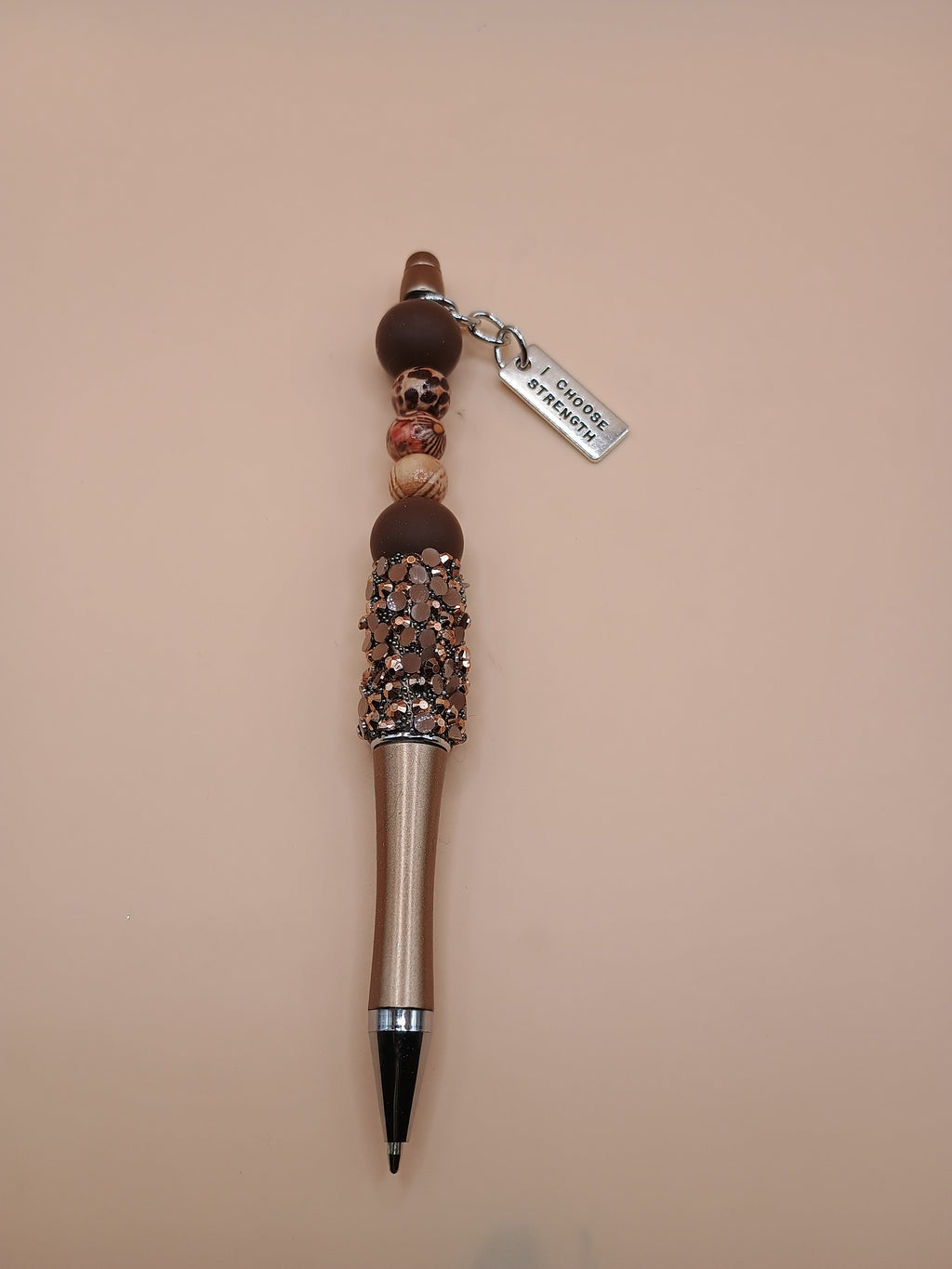 “I Choose Strength” Metallic Brown Beaded Pen – Handmade 1.0 Ink Pen