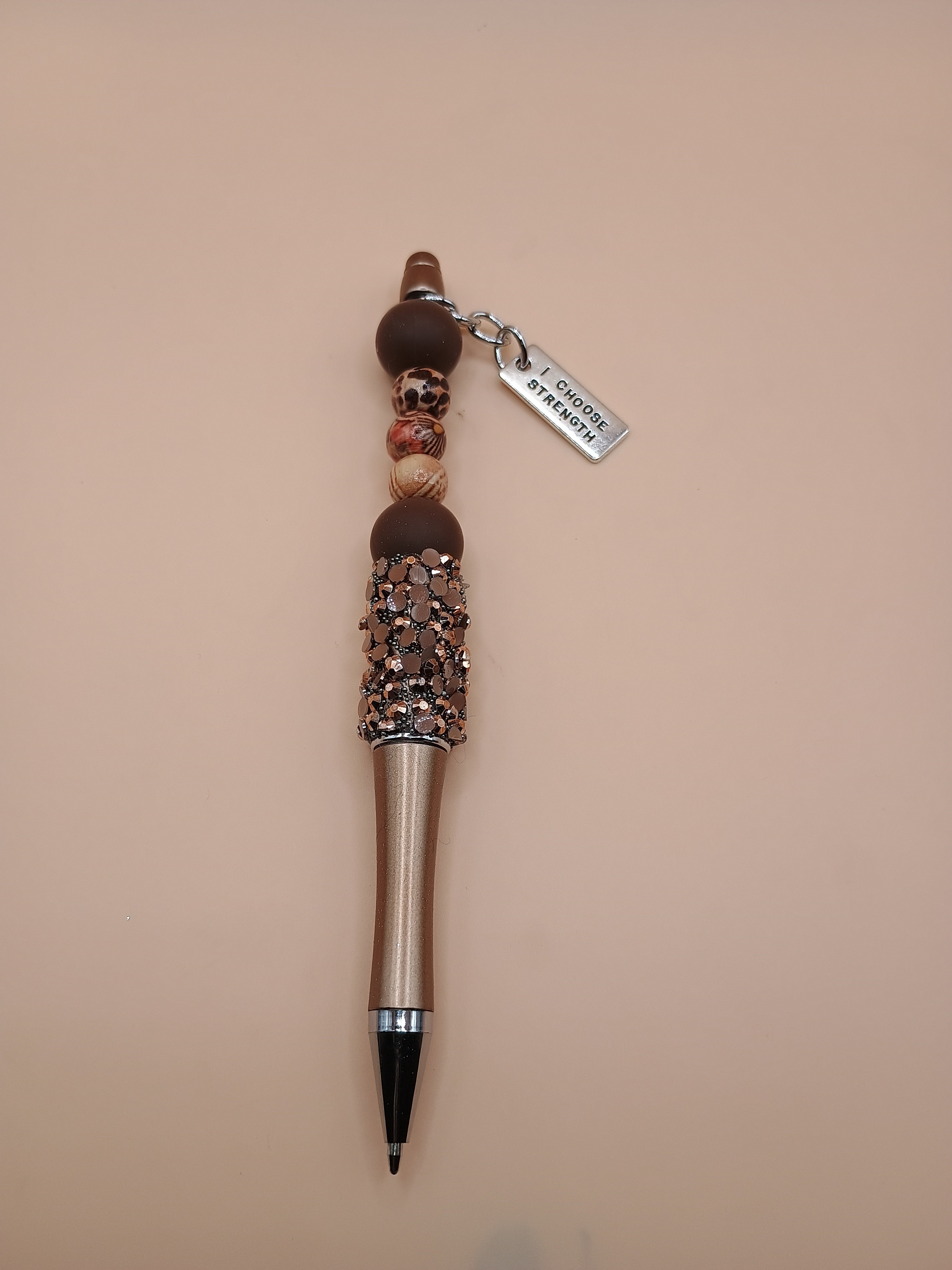 “I Choose Strength” Metallic Brown Beaded Pen – Handmade 1.0 Ink Pen