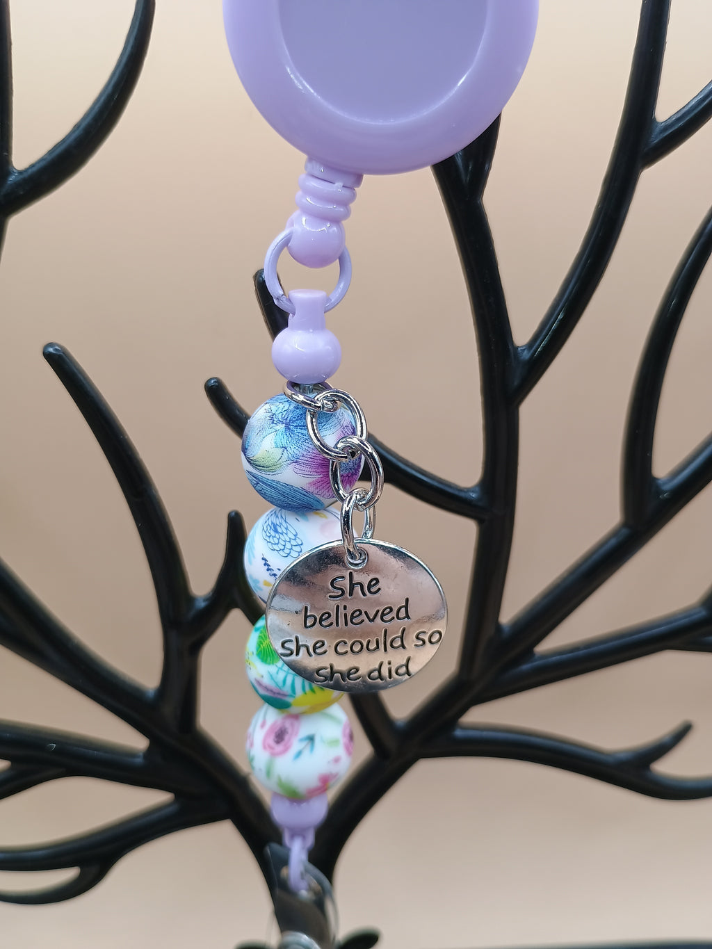 “She Believed She Could So She Did” Beaded Badge Reel – Purple Retractable ID Holder