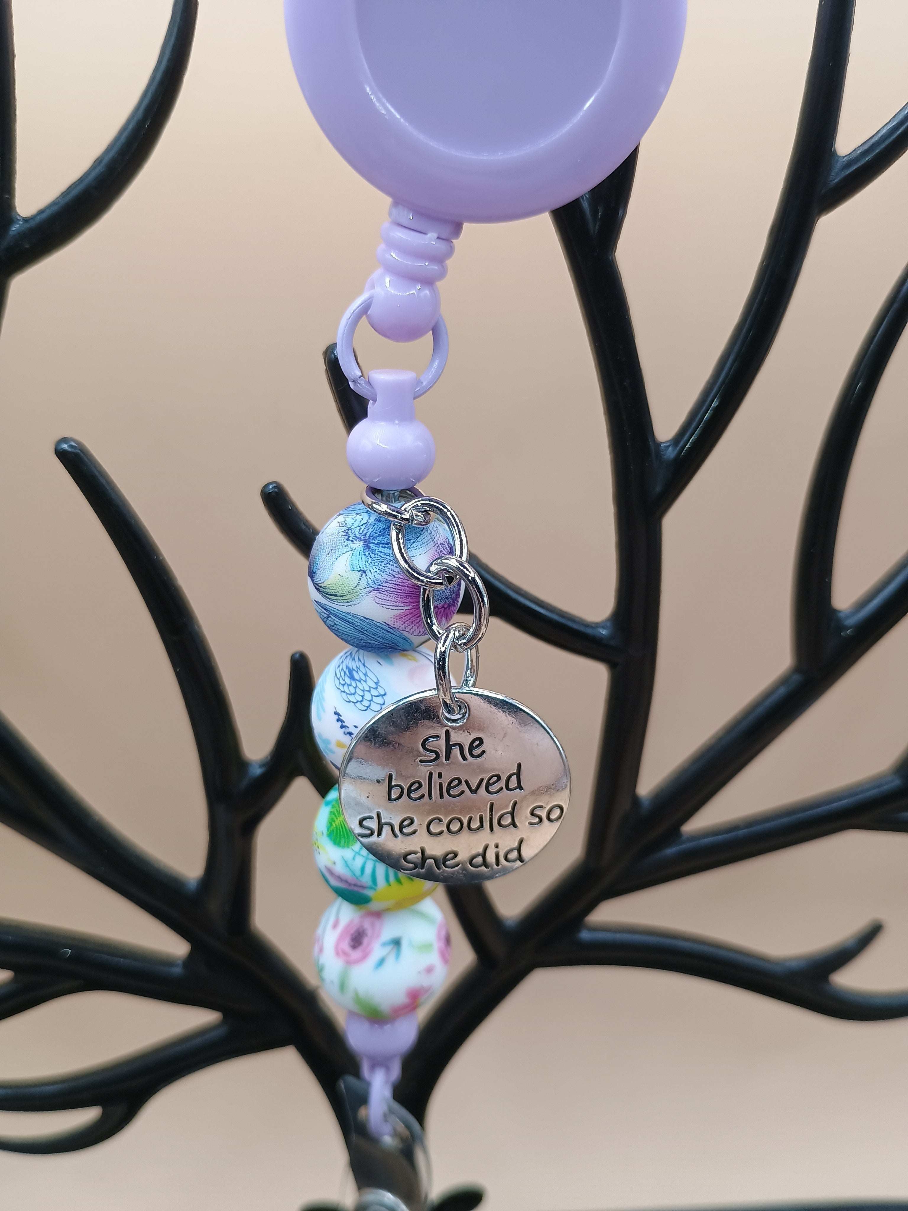 “She Believed She Could So She Did” Beaded Badge Reel – Purple Retractable ID Holder