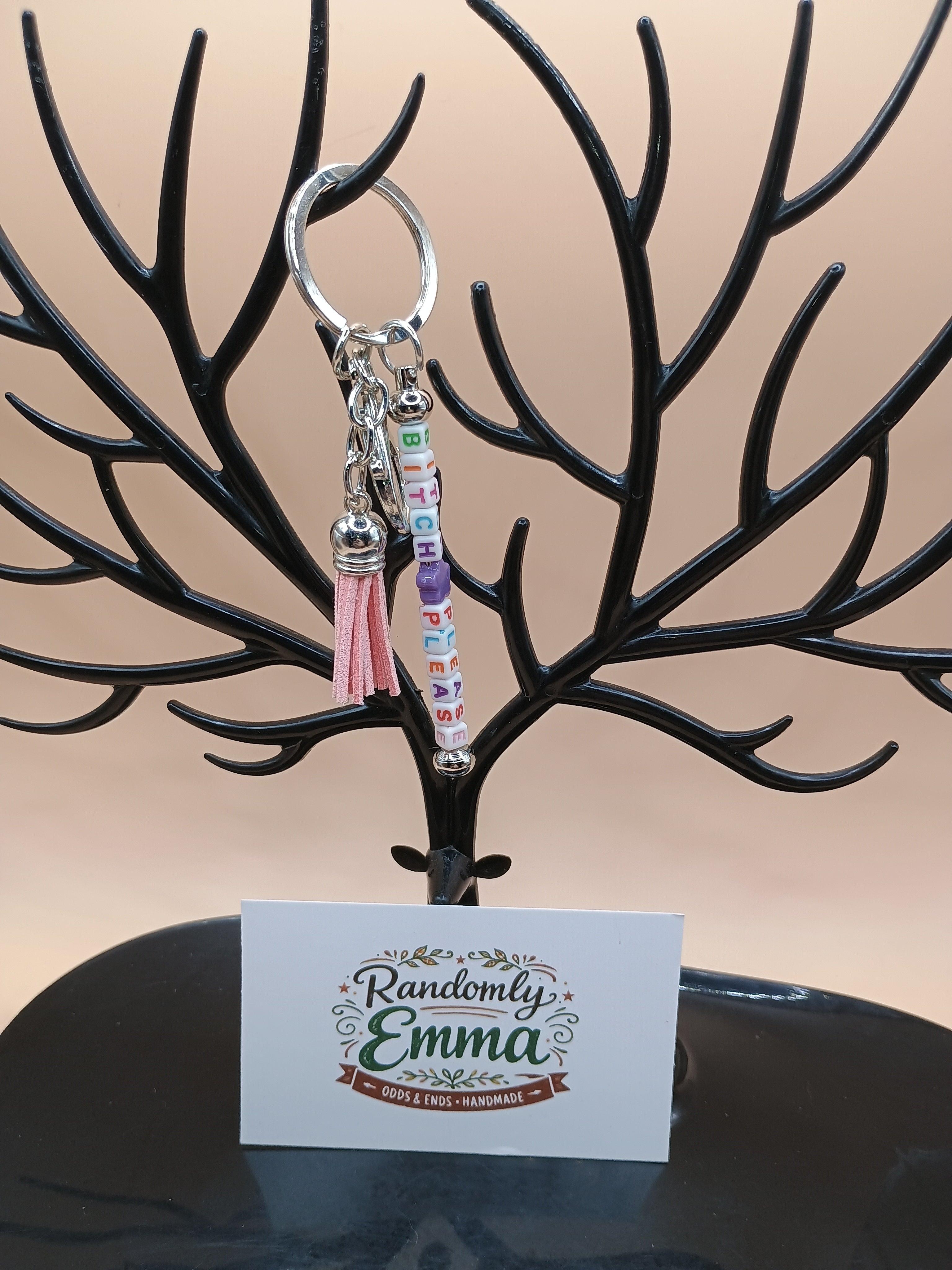 “B*tch Please” Beaded Keychain – Silver Metal Bag Charm with Pink Tassel