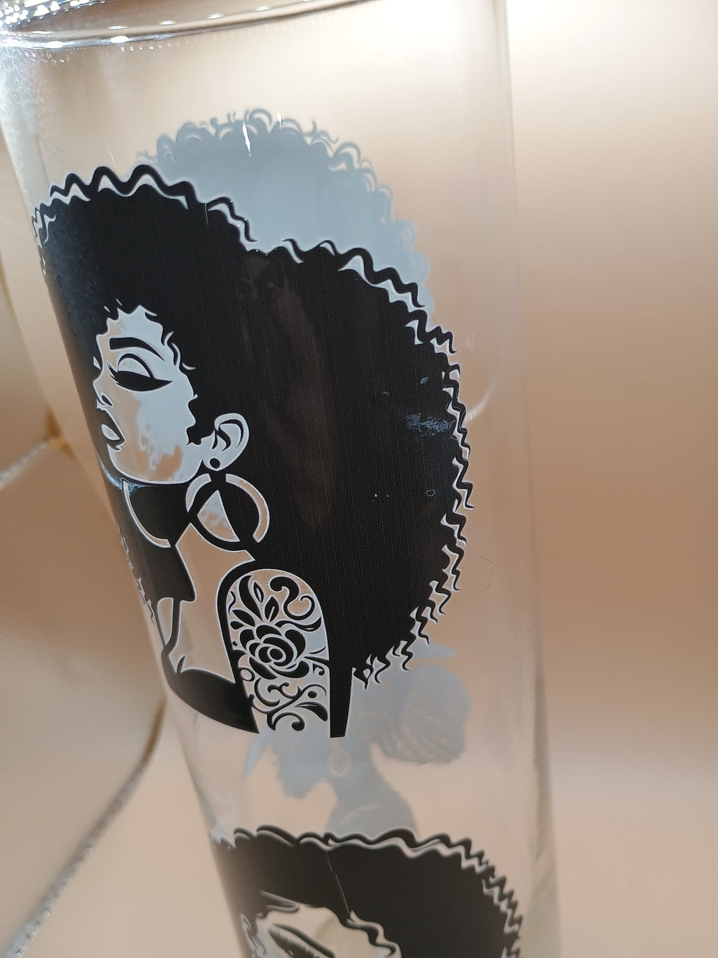 IMPERFECT Clear Round Glass Vase – UV DTF Black Women Portrait Art (Transfer Flaw Discount)