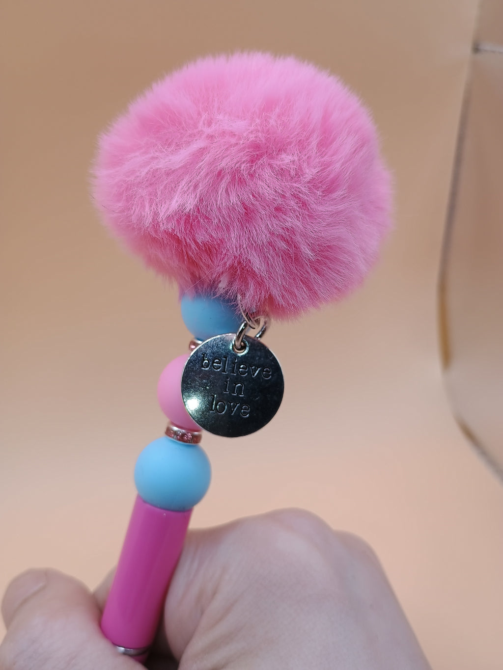 “Believe in Love” Pink Fluffy Beaded Pen – Handmade 1.0 Ink Pen