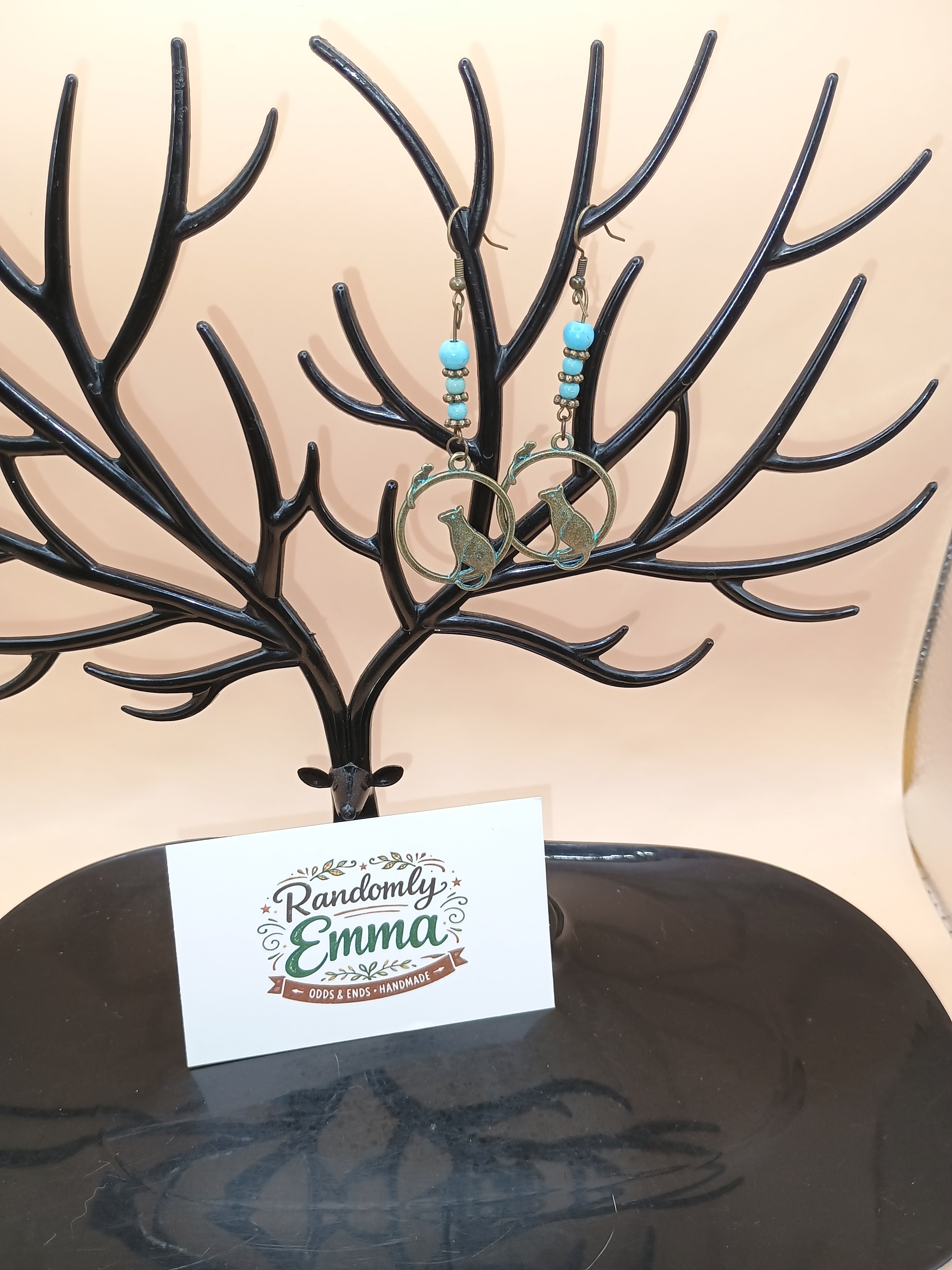 Cat & Mouse Circle Drop Earrings – Antique Bronze Faux Turquoise Animal Jewelry