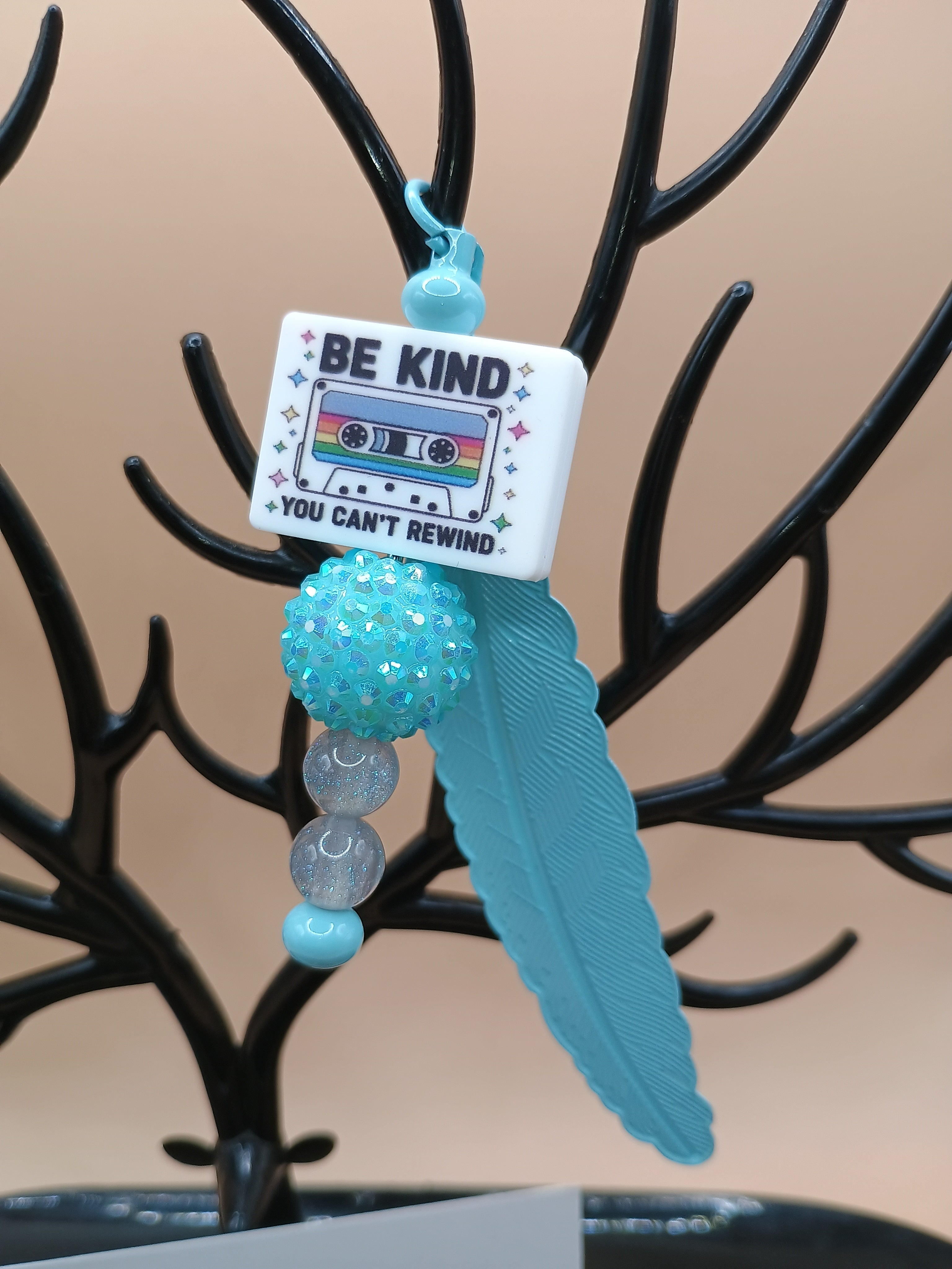 “Be Kind You Can’t Rewind” Feather Bookmark – Powder Blue Metal Beaded Bookmark