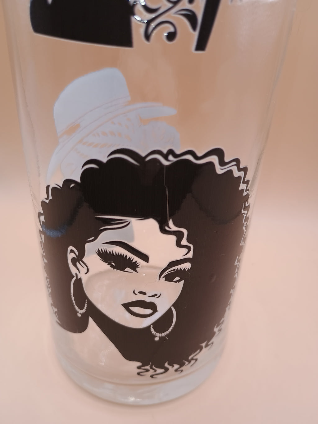 IMPERFECT Clear Round Glass Vase – UV DTF Black Women Portrait Art (Transfer Flaw Discount)