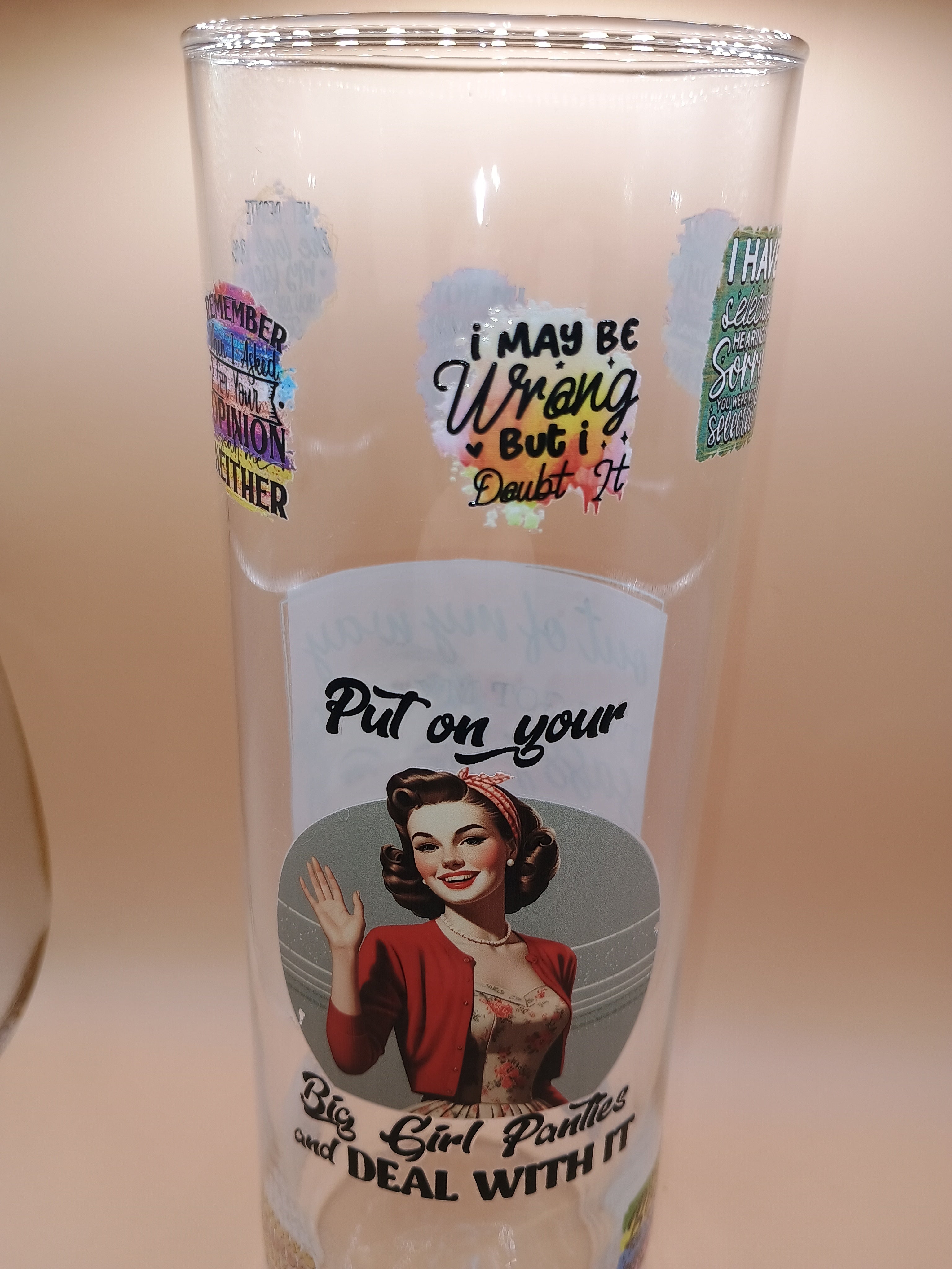 IMPERFECT Circular Glass Vase – UV DTF Vintage Women & Sarcastic Quote Decor (Discounted)