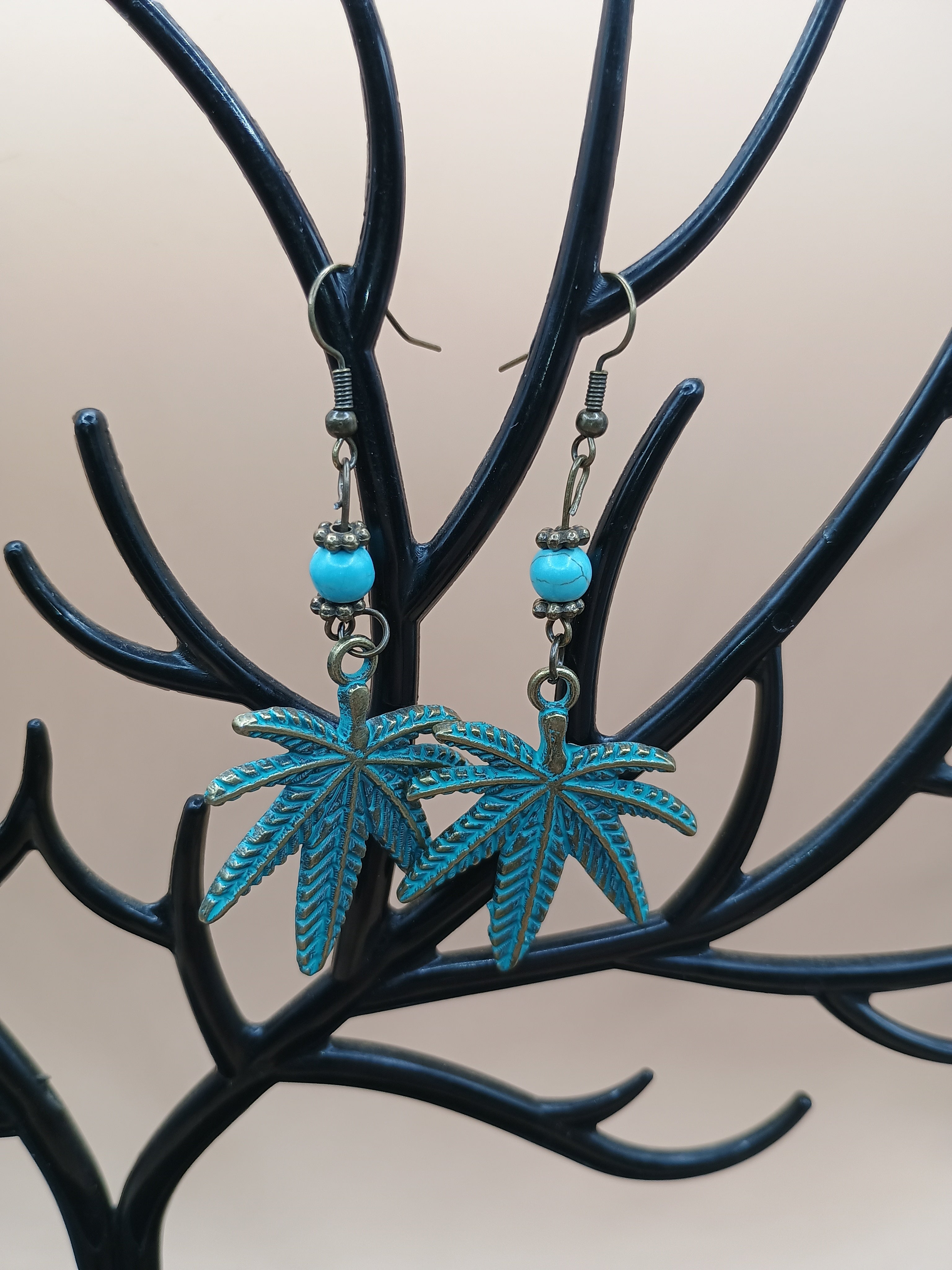 Faux Turquoise 420 Leaf Drop Earrings – Antique Bronze Botanical Statement Earrings
