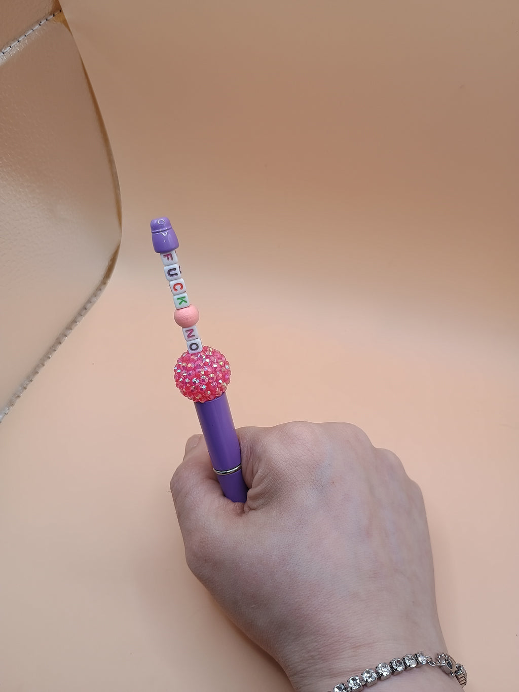 “F*ck No” Purple Beaded Pen – Handmade 1.0 Ink Pen with Multi-Color Letter Beads