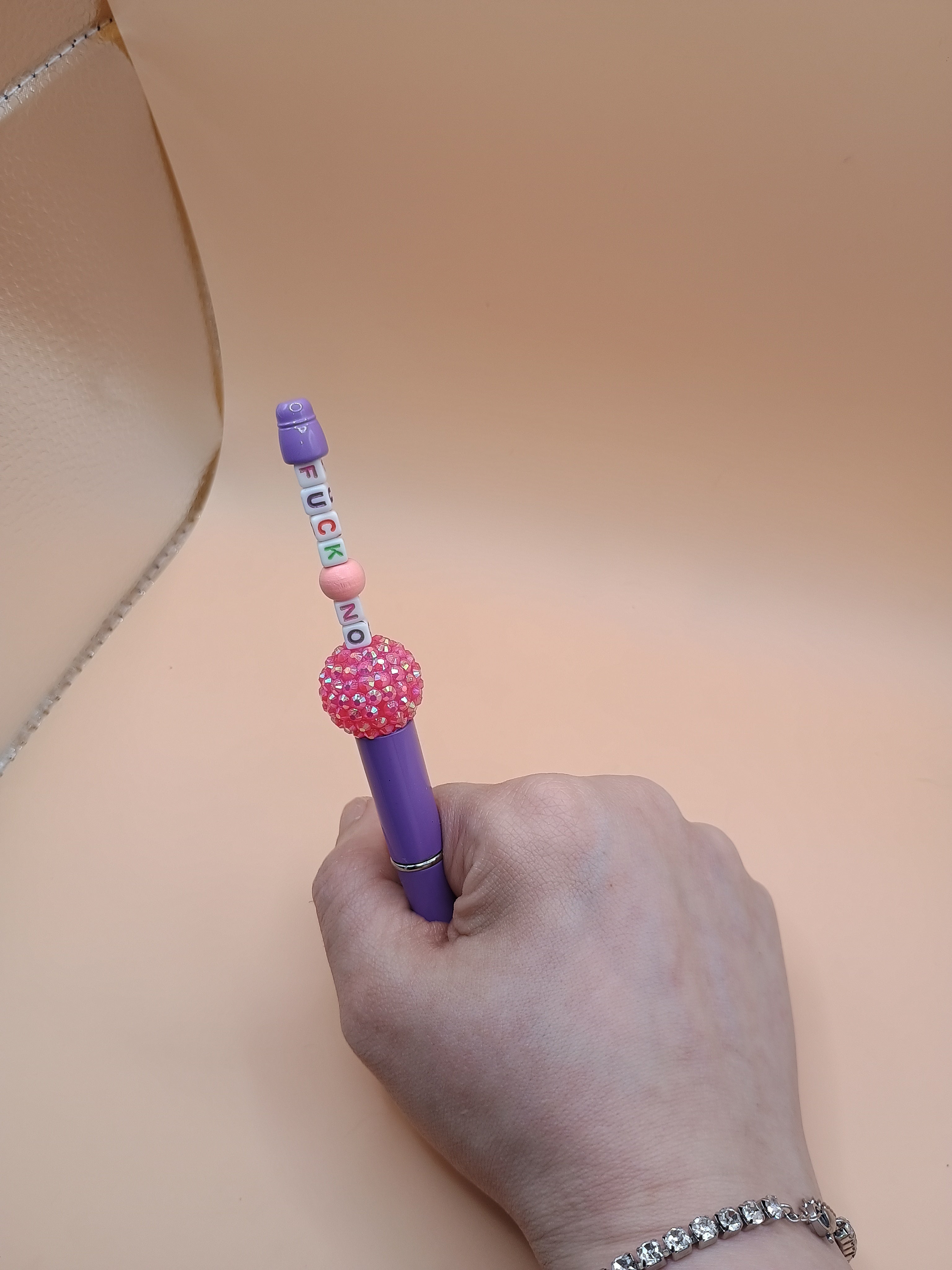 “F*ck No” Purple Beaded Pen – Handmade 1.0 Ink Pen with Multi-Color Letter Beads