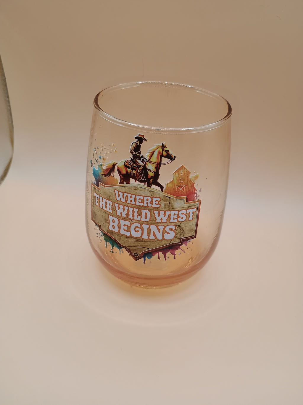 IMPERFECT “Where the Wild West Begins” Orange Tinted Stemless Wine Glass (Discounted)