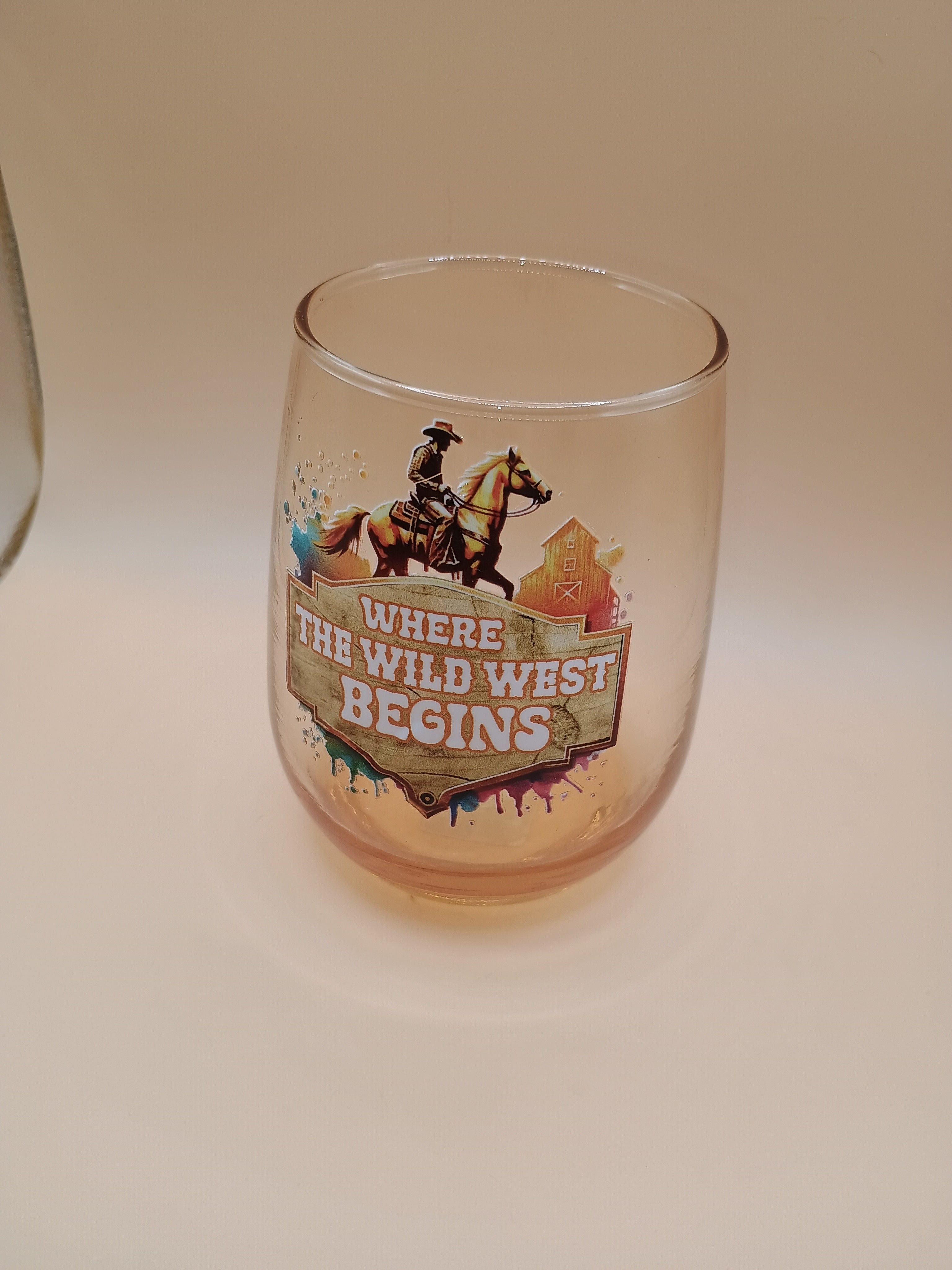 IMPERFECT “Where the Wild West Begins” Orange Tinted Stemless Wine Glass (Discounted)