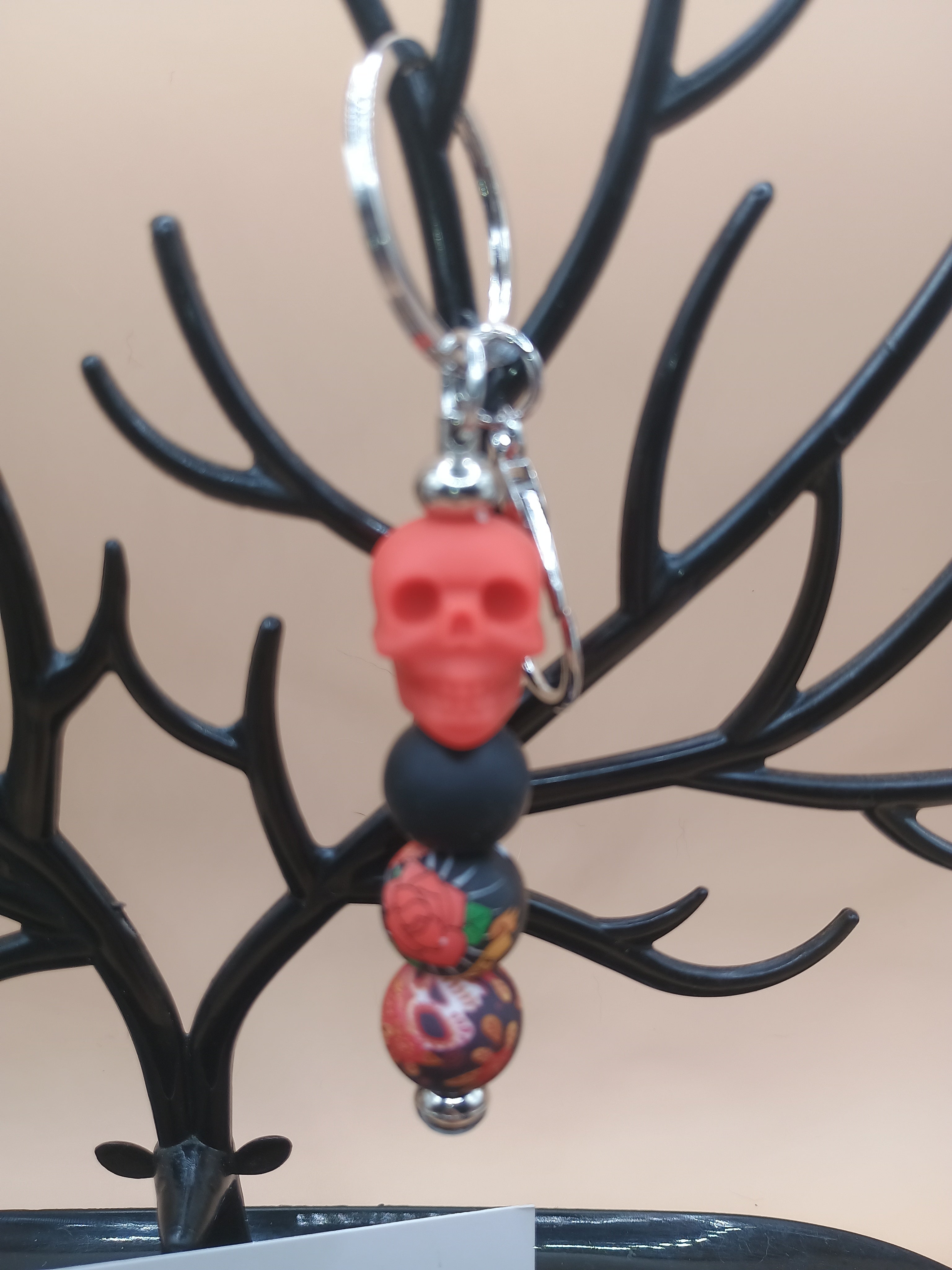Skeleton Skull Beaded Keychain – Silver Metal Keychain (2 Floral Design Options)